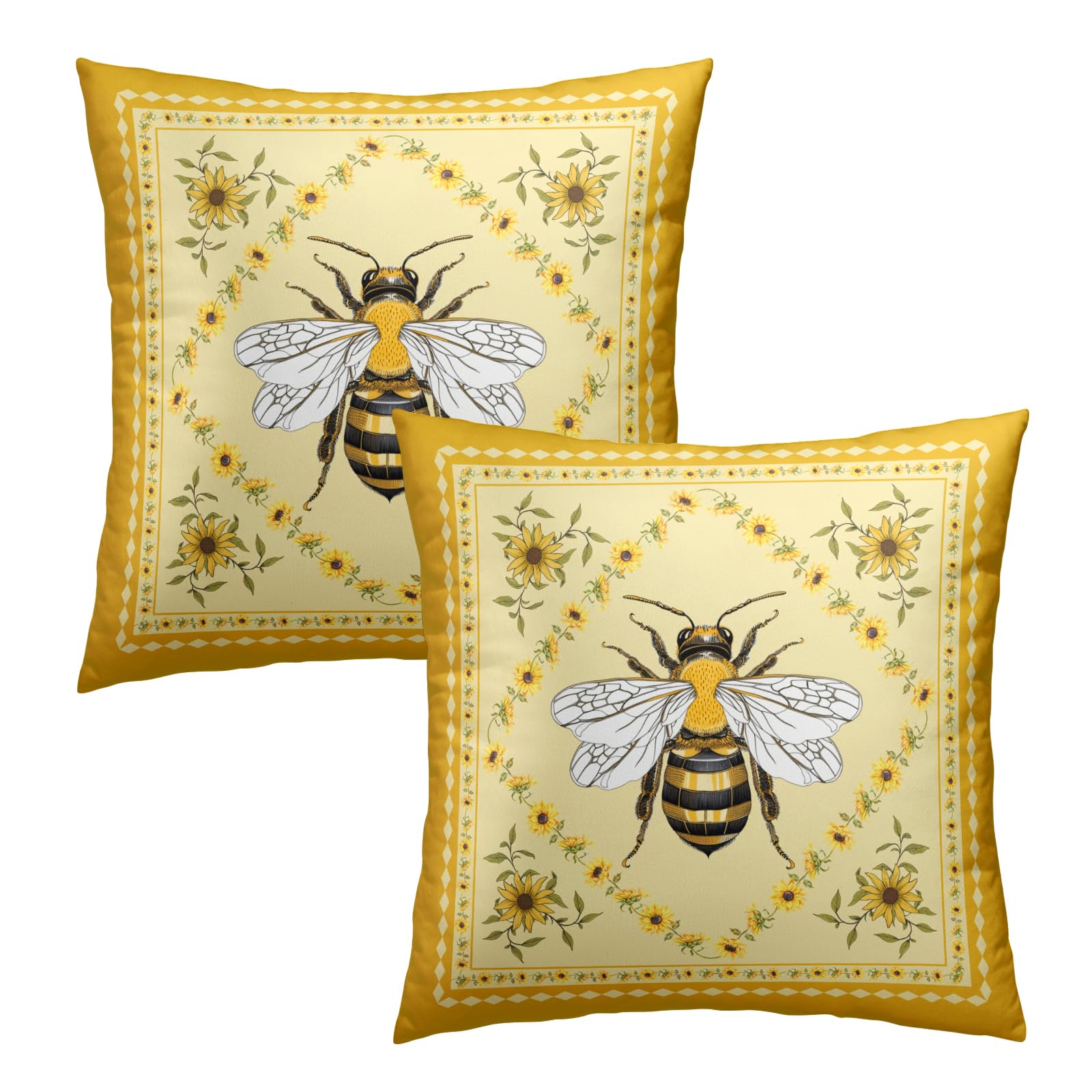Evlaschin Summer Bee Pillow Covers Sunshine Sunflower Cotton Throw Cushion Cover 18x18inch Farmhouse Rustic Double Sided Square Pillowcases Set of 2