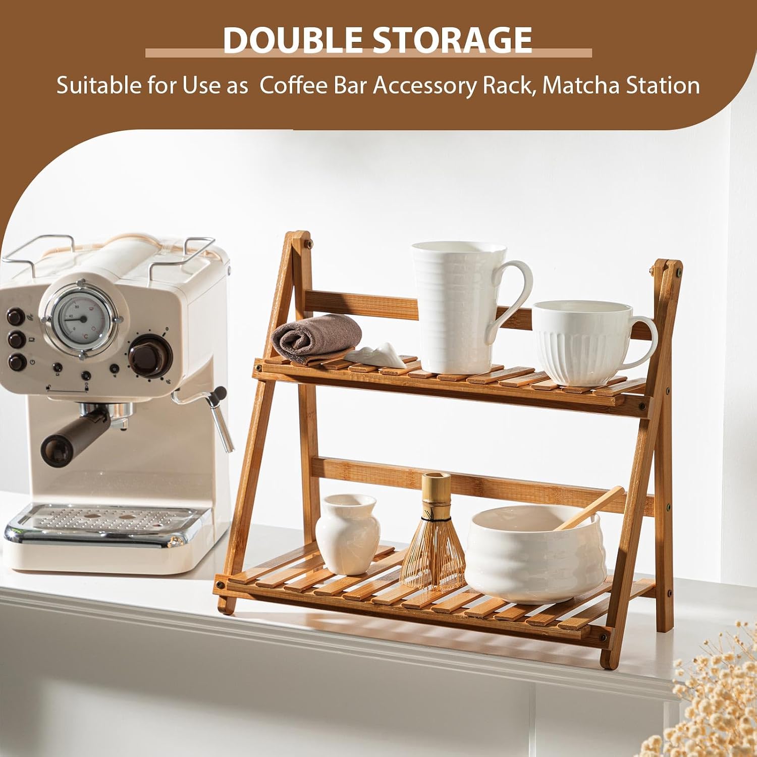 Yalikop 2 Tier Bamboo Coffee Station Organizer, 15.7'' Countertop, Brown