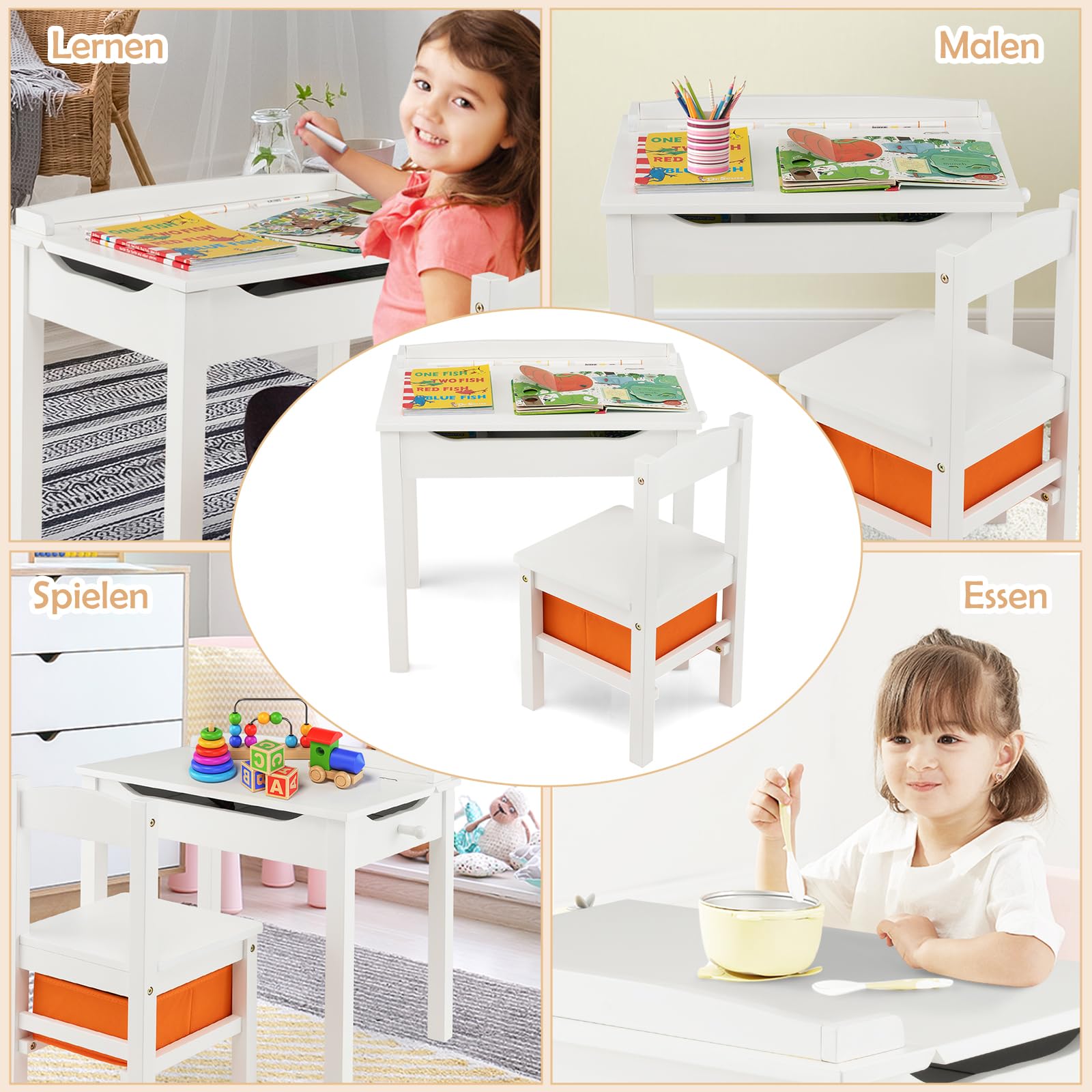 DREAMADE Kindertisch mit Stuhl, Kinderschreibtisch Kinder Schreibtisch aus Holz, Kindersitzgruppe mit Stauraum & Stoffbox (Weiß)