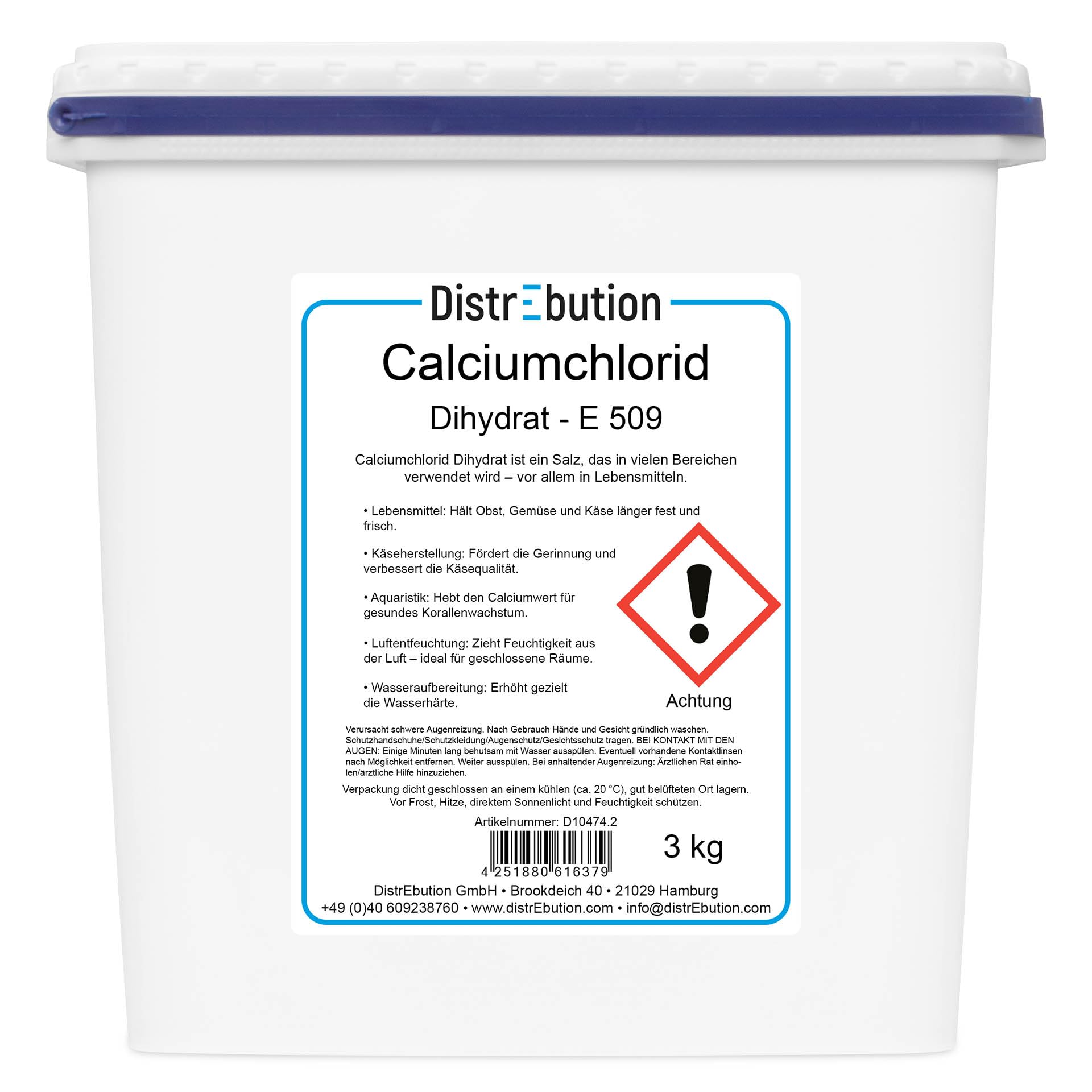 Calciumchlorid Dihydrat 3kg Lebensmittelqualität E509, hochreines Pulver (CaCl₂·2H₂O) – für Käseherstellung, Obst und Gemüse, Kosmetik, Aquaristik, Wasseraufbereitung