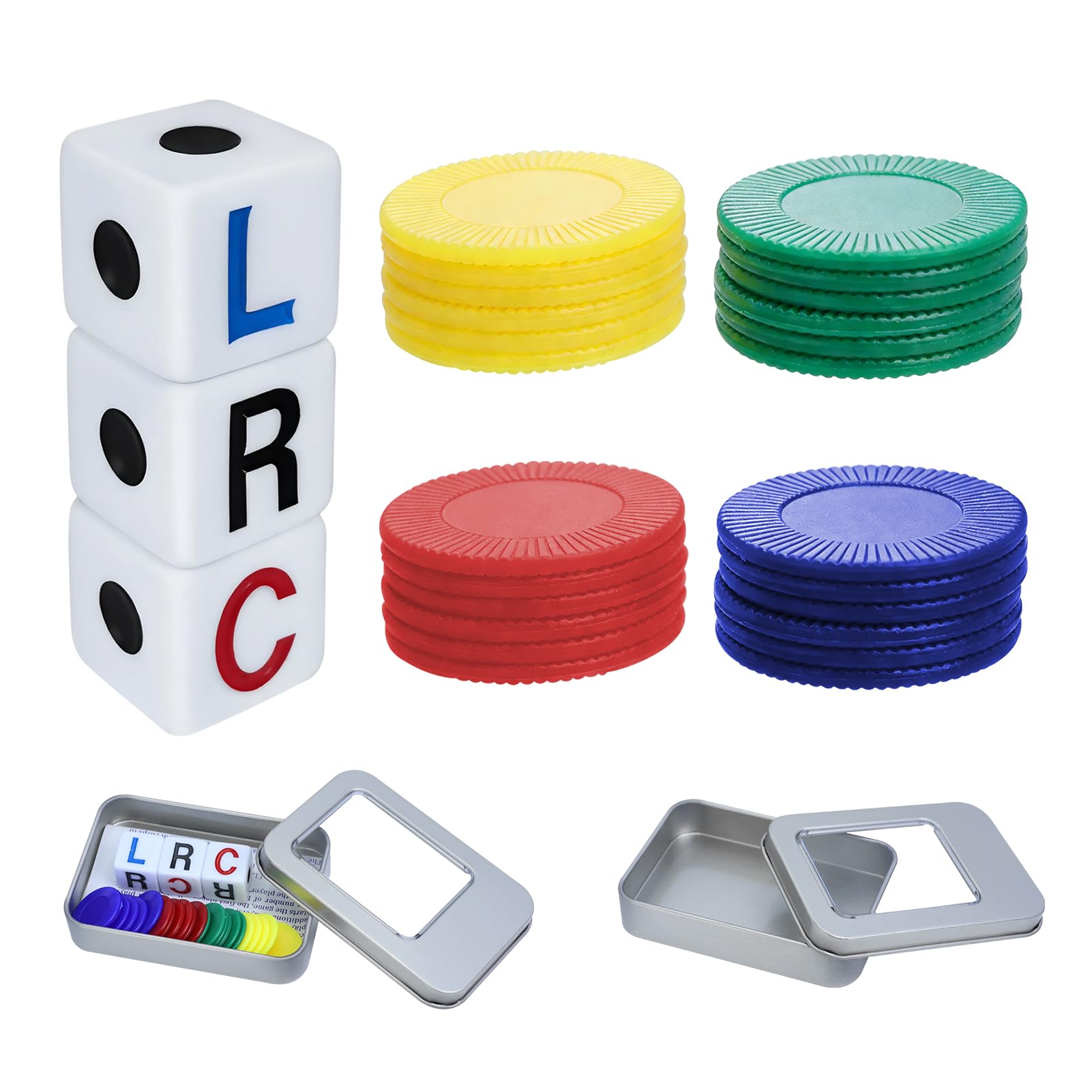 kcrnw Left Right Center Dice Game Fun Dice Games with 3 Dices + 24 Chips Portable 4 Color Interactive Dice Toy Round Corner Dice for School Family Friends Gatherings Party with Storage box
