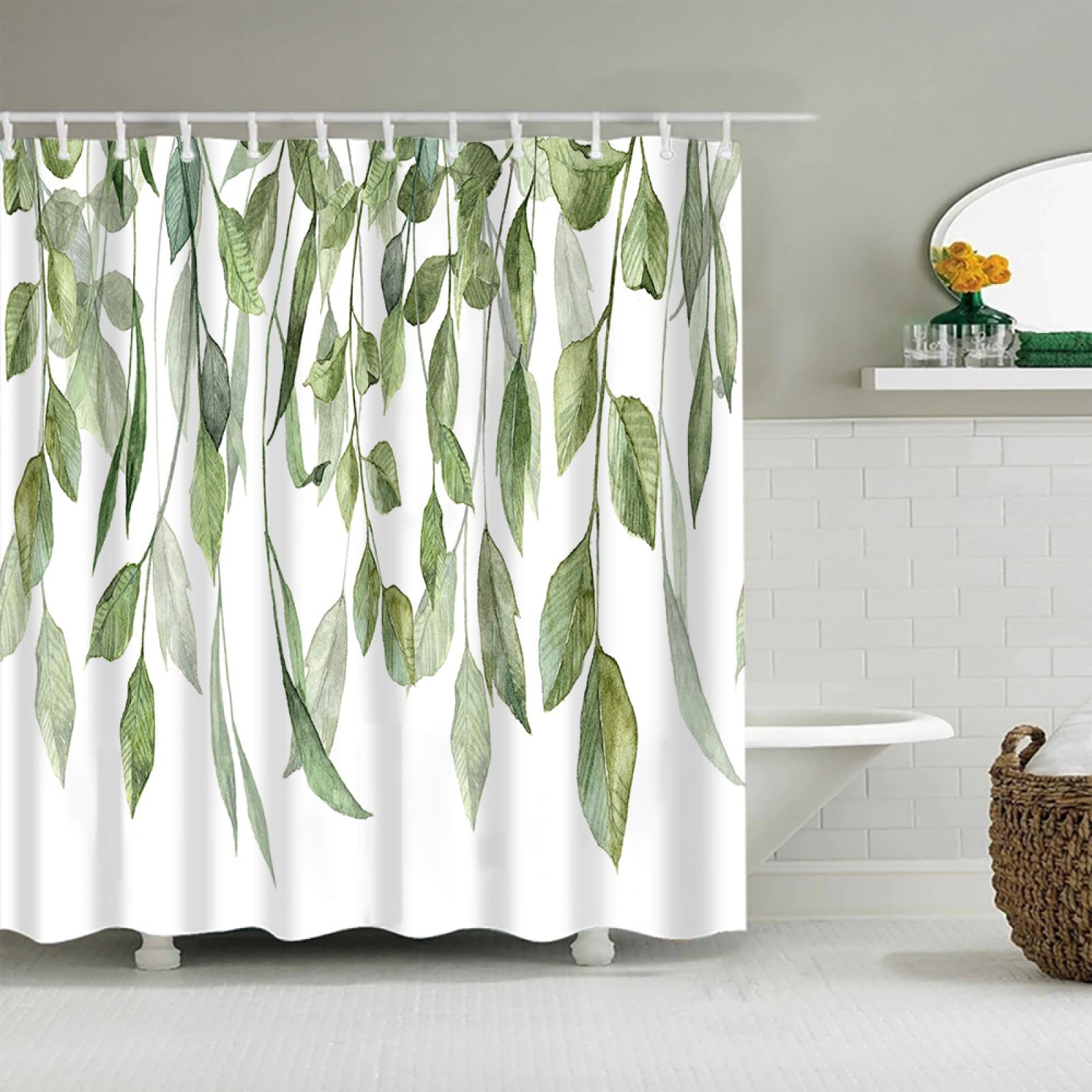 Hjoswvns White/Green Shower Curtain Grass Shower Curtain Hooks Shower Curtains Mould Proof Resistant Shower Curtains Quick Dry Bathroom Curtains Bathroom Decor Washable Wet Room Shower Curtain 200X240cm