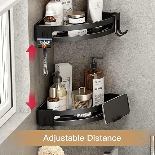 Miniatura 8 de VOLPONE Corner Shower Caddy with Razor Holder Adhesive Shower Shelf Corner No Drilling Bathroom Shower Organizer Storage Rack (2-Pack, Black)