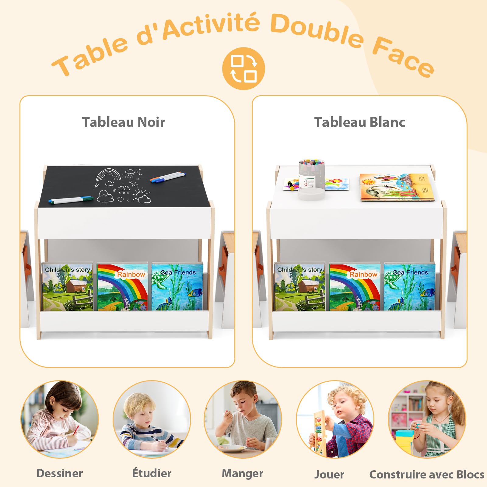 GOPLUS Table Enfant avec 2 Chaises, 4 en 1 Table de Dessin avec Plateau Réversible et Tableau Noir, Bureau Enfant avec Rangement Amovible, Étagères (Naturel)