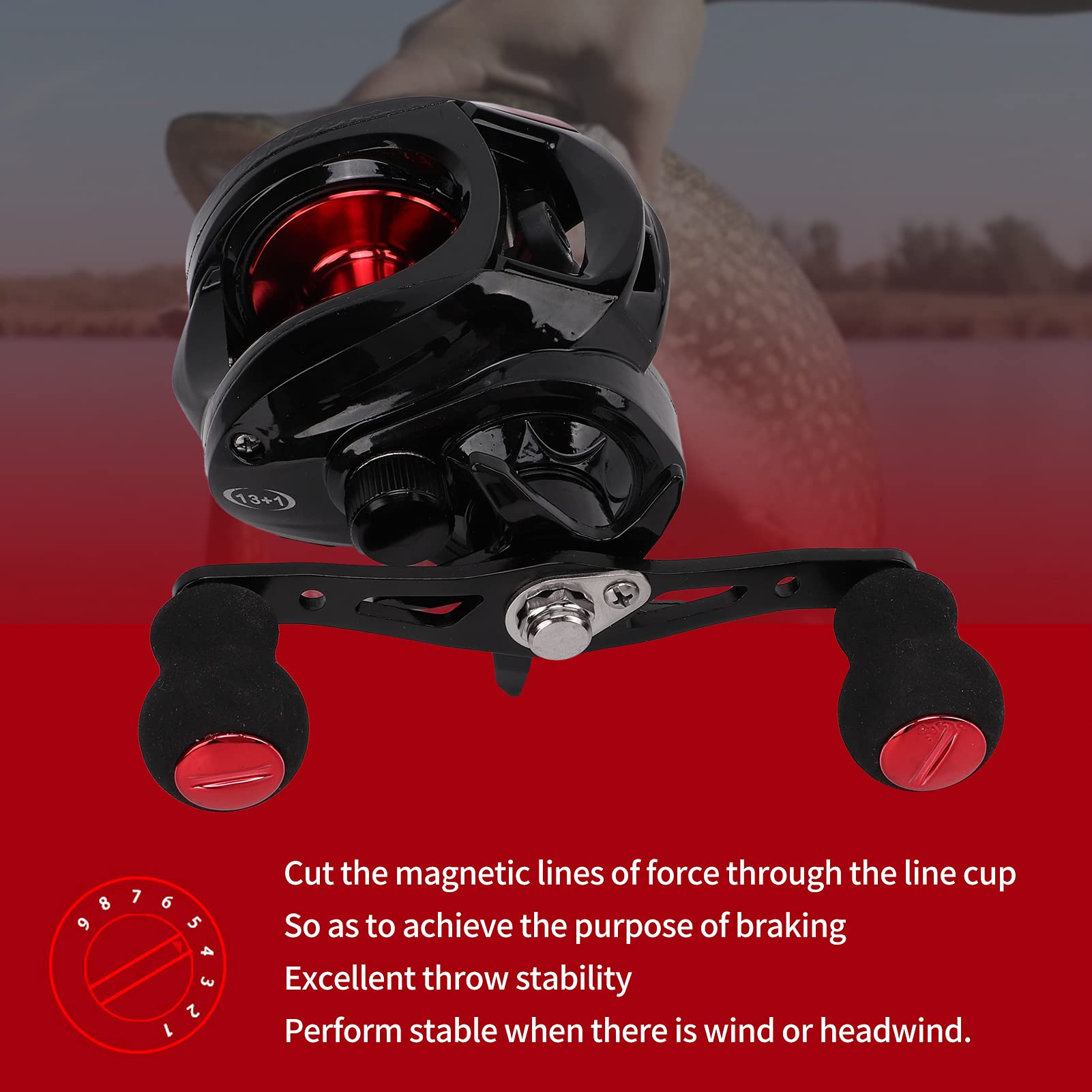 Kołowrotek Baitcasting 7,2:1, przełożenie przekładni, 8 kg, mocny hamulec magnetyczny do długich rzutów, 13 + 1 łożysk, kołowrotek wędkarski do łowienia słodkowodnych/słonowodnych/łodzi, waga