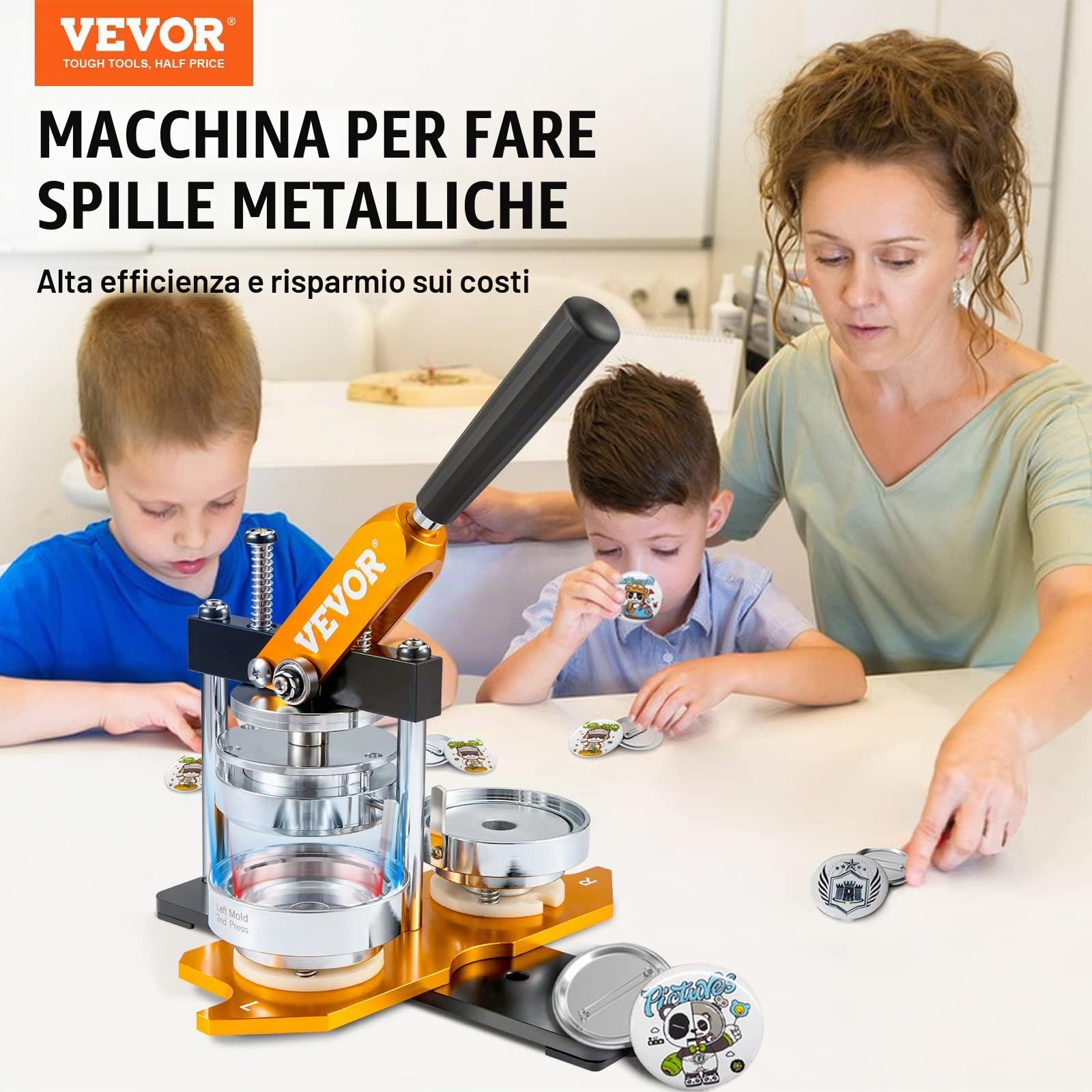 VEVOR Kit per Fustellatrice Manuale di Badge Spillo Bottoni Diametro 75mm, Kit di Punzonatrice Manuale in Acciaio Alluminio per Badge Spillo Fai-da-te con Accessori Completi Modelli da Diametro 75mm