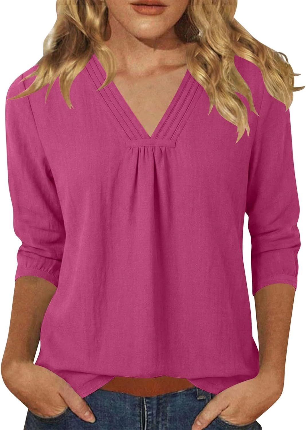 Womens 3/4 Length Sleeve Shirts 2026 Summer Dressy Linen V Neck Tunics Tops Lightweight Tshirt Business Work Blouse