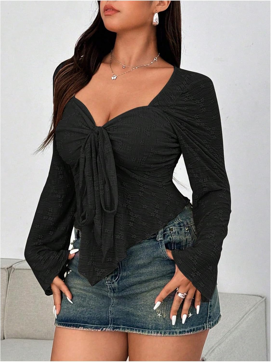 Women's Y2K Plus Size Floral Print Tee Shirts Lettuce Trim Tie Front Bell Long Sleeve Mesh Crop Tee Tops - Image 6