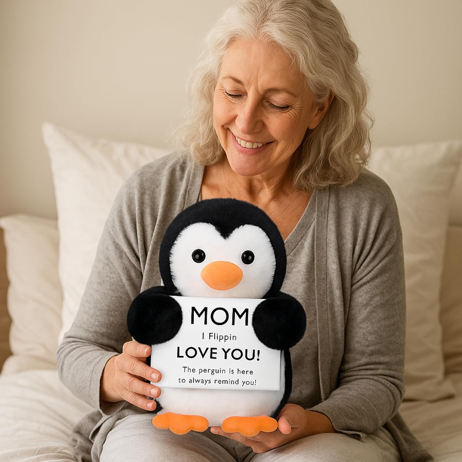 9.8'' Mother's Day Penguin Plush for Mom Penguin Stuffed Animal Gift Soft Plush Toy for Mother's Day Birthday Mama Stepmother Mother in Law, Funny Love Mom Present