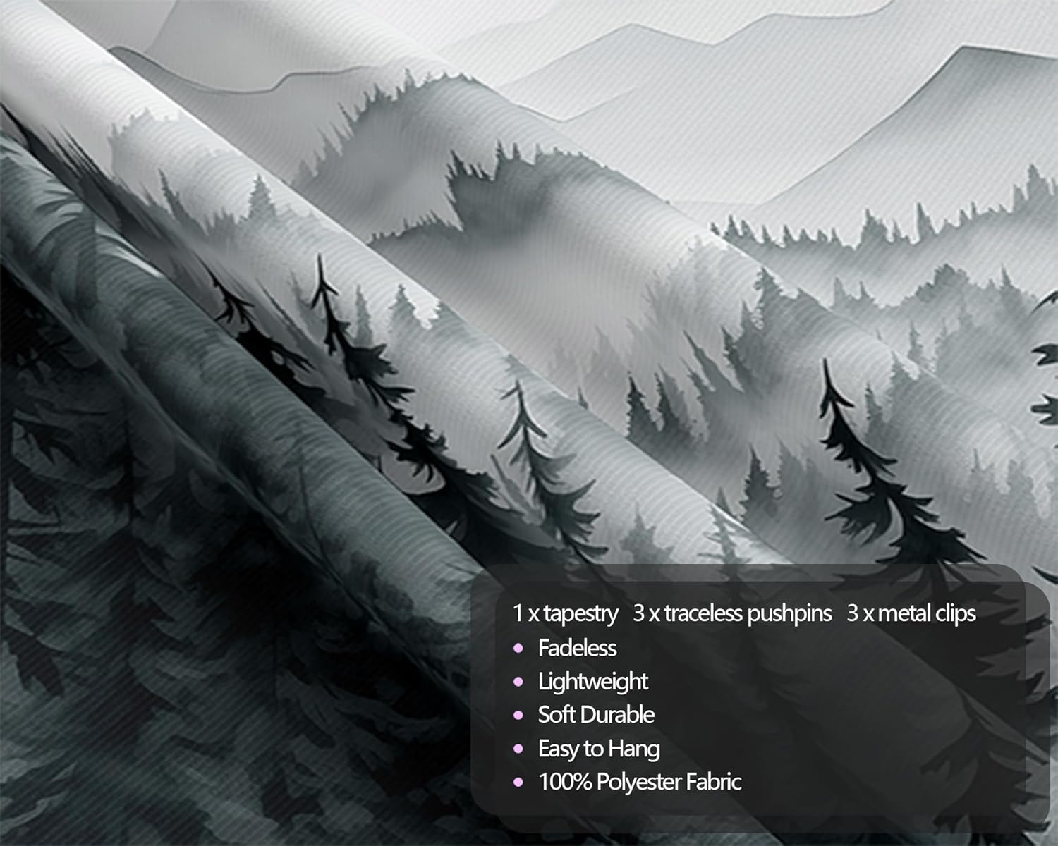 QGHOT Misty Forest Tapestry, Nature Mountain Tapestry Wall Hanging Black and White Grey Cool Landscape Wall Art for Mens Bedroom Living Room Decor 78.7L x 104W