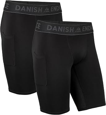 DANISH ENDURANCE Mens Compression Shorts, Running Tights with Pocket, 2-Pack