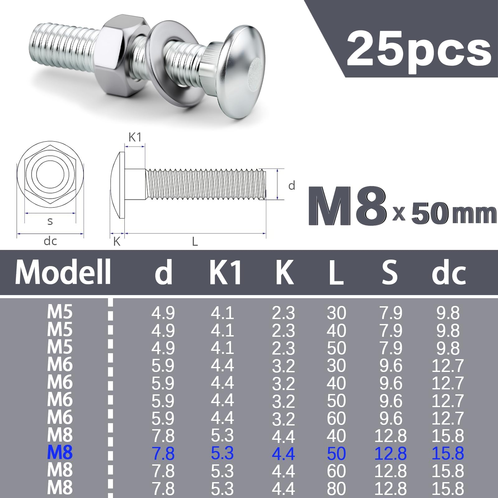 XRXYMQ 25 PCS M8 Coach Bolts M8 x 50 mm Carriage Bolts A2 Stainless Steel Coach Screws with Hexagon Nuts and Washers Nuts and Bolt For Metal Wood - Image 2