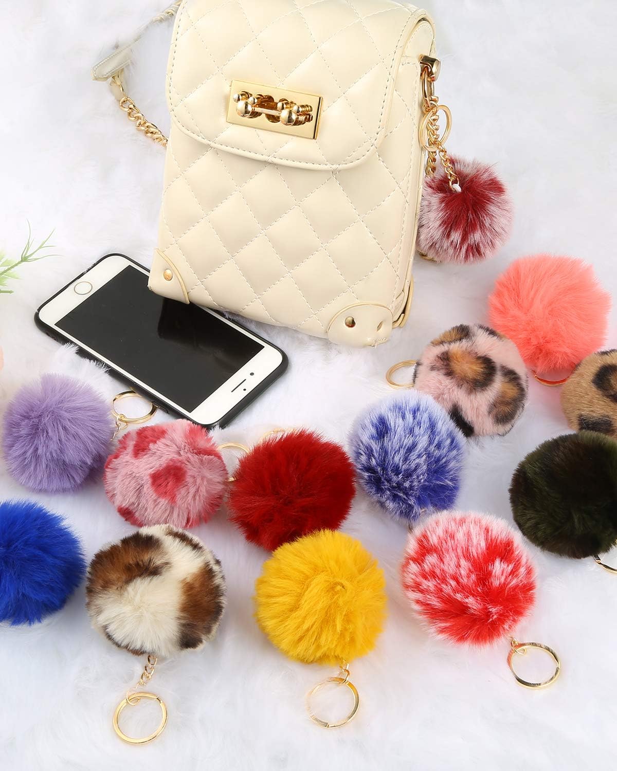 Auihiay 18/40/60 Pieces Pom Poms Keychains, Fluffy Faux Rabbit Fur Pompoms Keyring for Girls Women Pendant Accessories