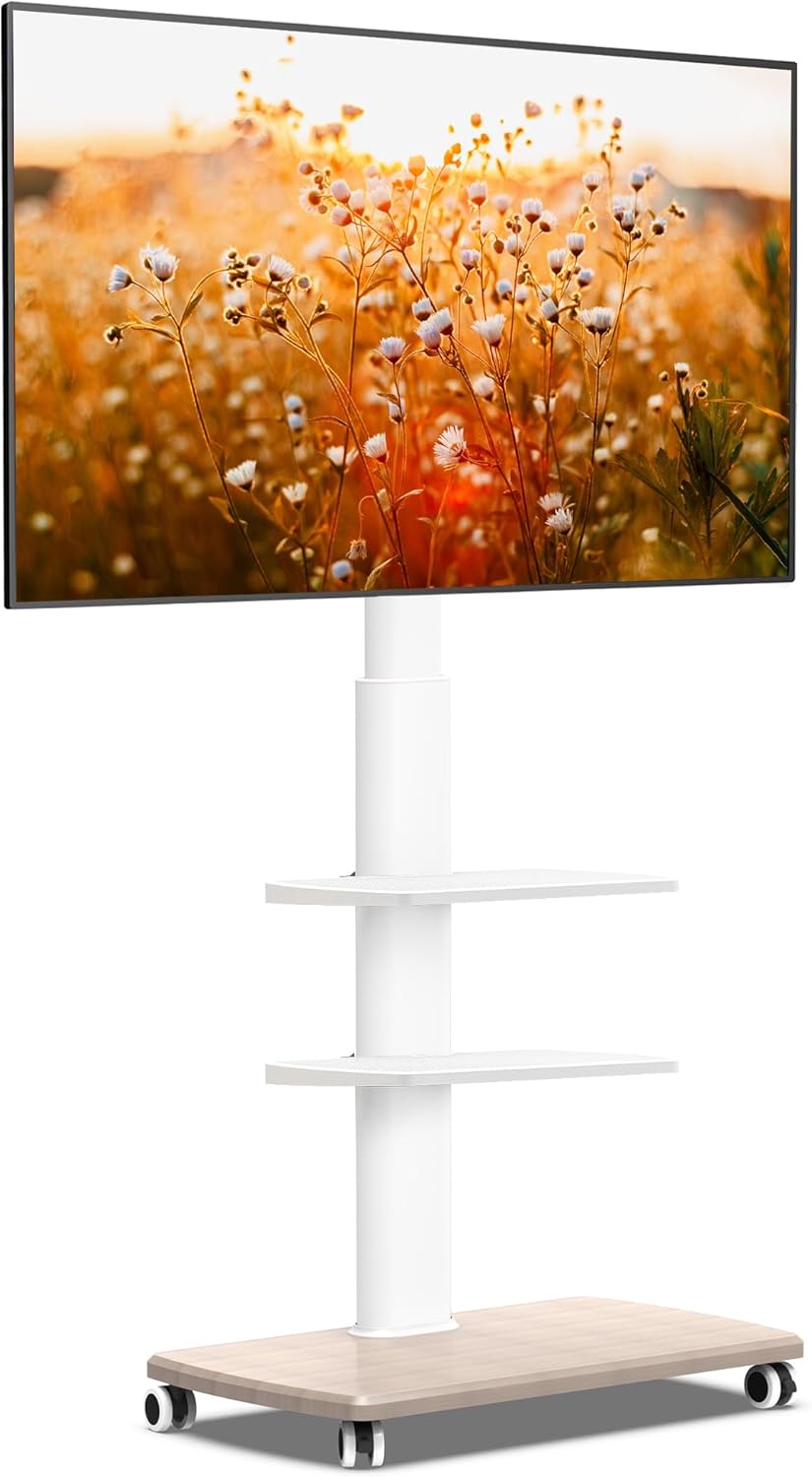 FITUEYES Rolling TV Stand, Mobile TV Cart on Wheels for 32-65 70 Inch Flat Screen TVs, Tall Floor TV Stand with Swivel Mount, Corner TV Stands for Bedroom, Outdoor, Home Office,Small Dorm, White Ivory White 32-70 & 2 shelf