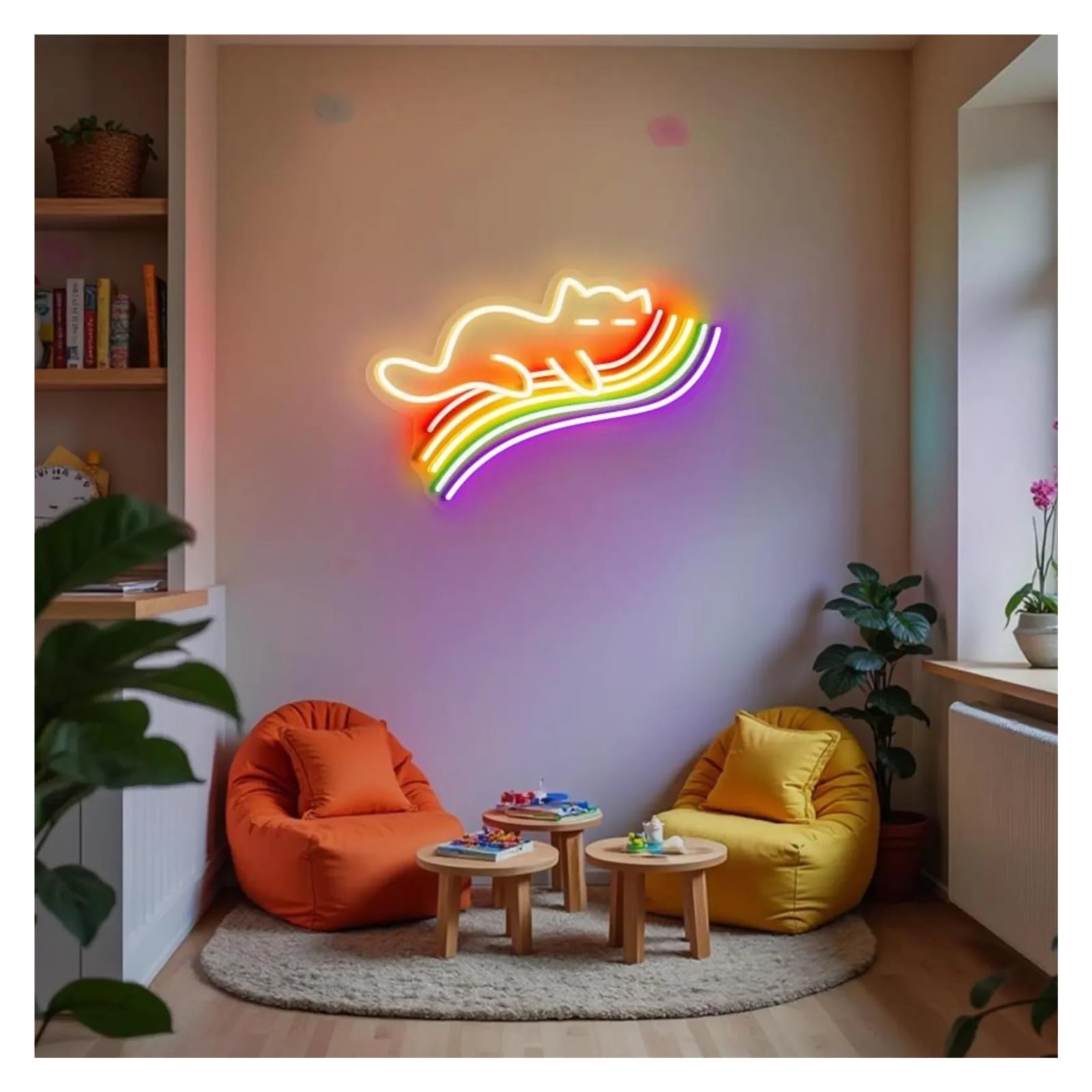 Decoración Lámparas Letrero De Neón De Gato Durmiendo Sobre Arcoíris Para Fiesta, Decoración De Habitación Infantil, Espacios Con Temática De Mascotas, Lámparas Regulables 45cm(UN)