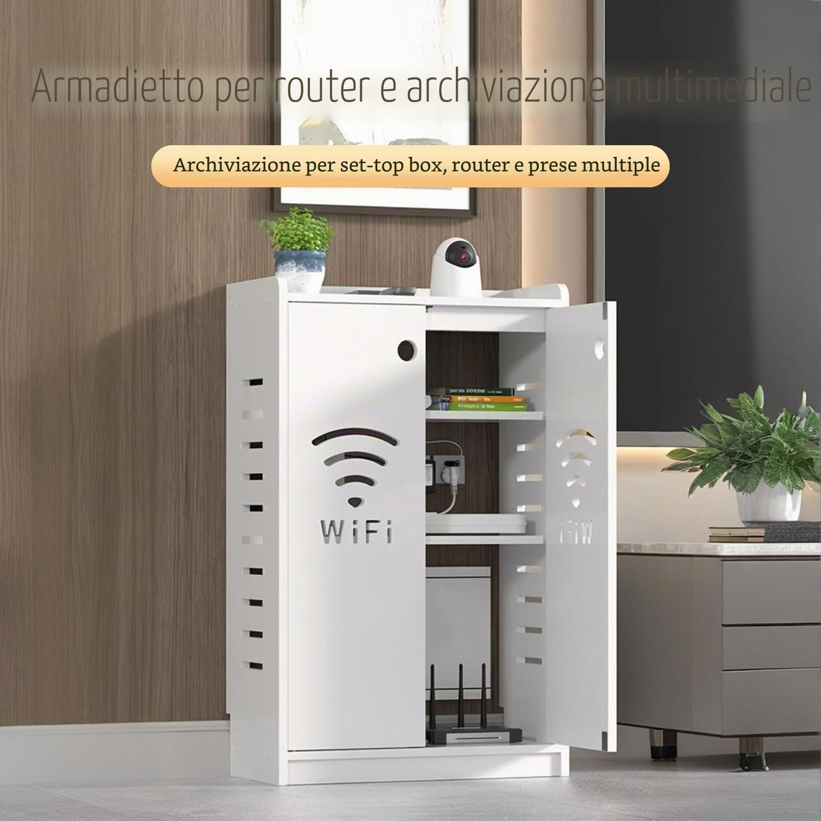 HARELA Armadietto portaoggetti per Router WiFi, Scatola portaoggetti da Pavimento per Router e Modem, Mobiletto per archiviazione multimediale per casa e Ufficio(White,50x80x25cm)