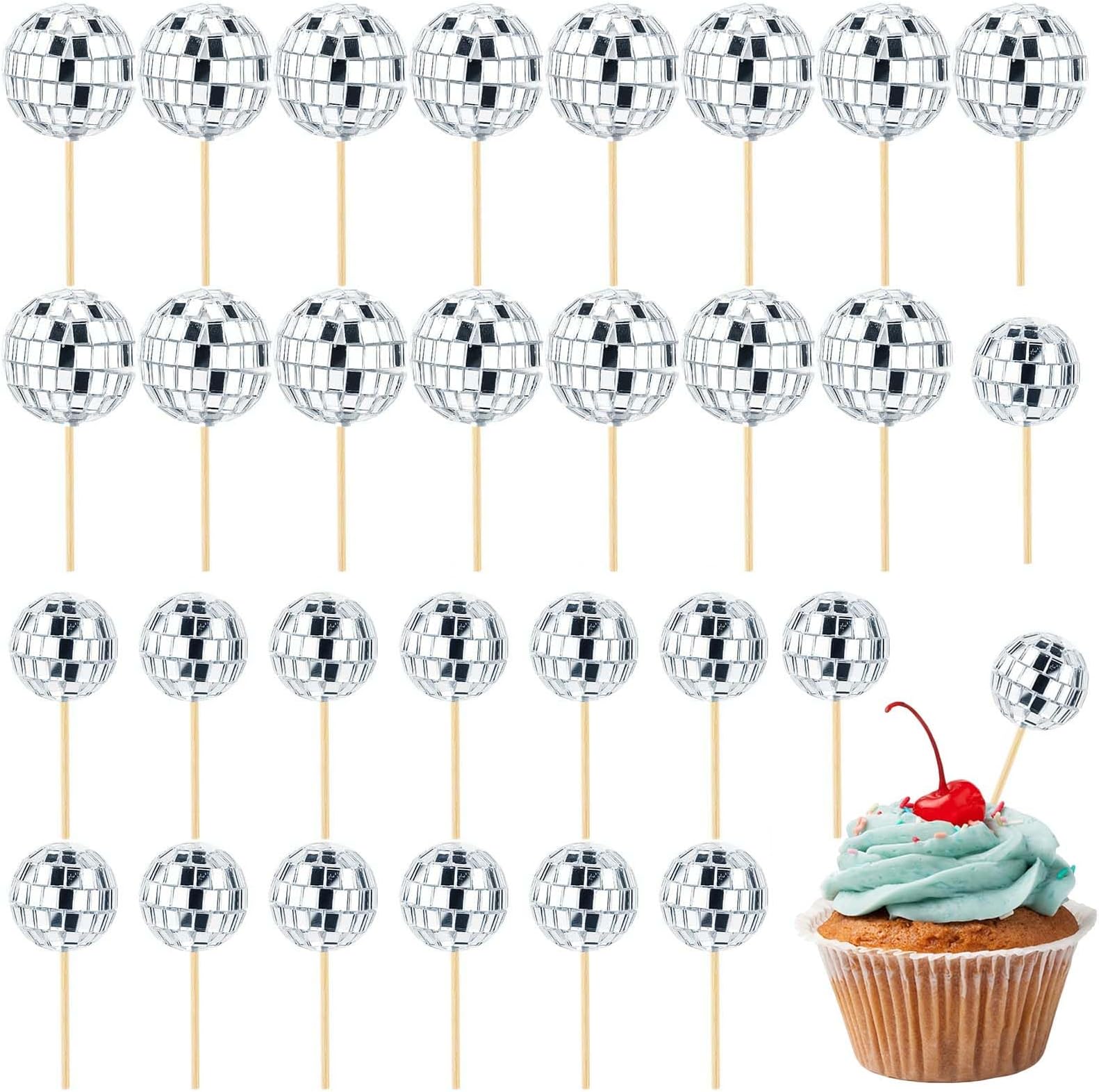 30 Pcs Disco Ball Cake Topper and Decorations - Mini Balls With Bamboo Sticks for Theme Party Supplies, Cake Dessert Decorating (Silver)