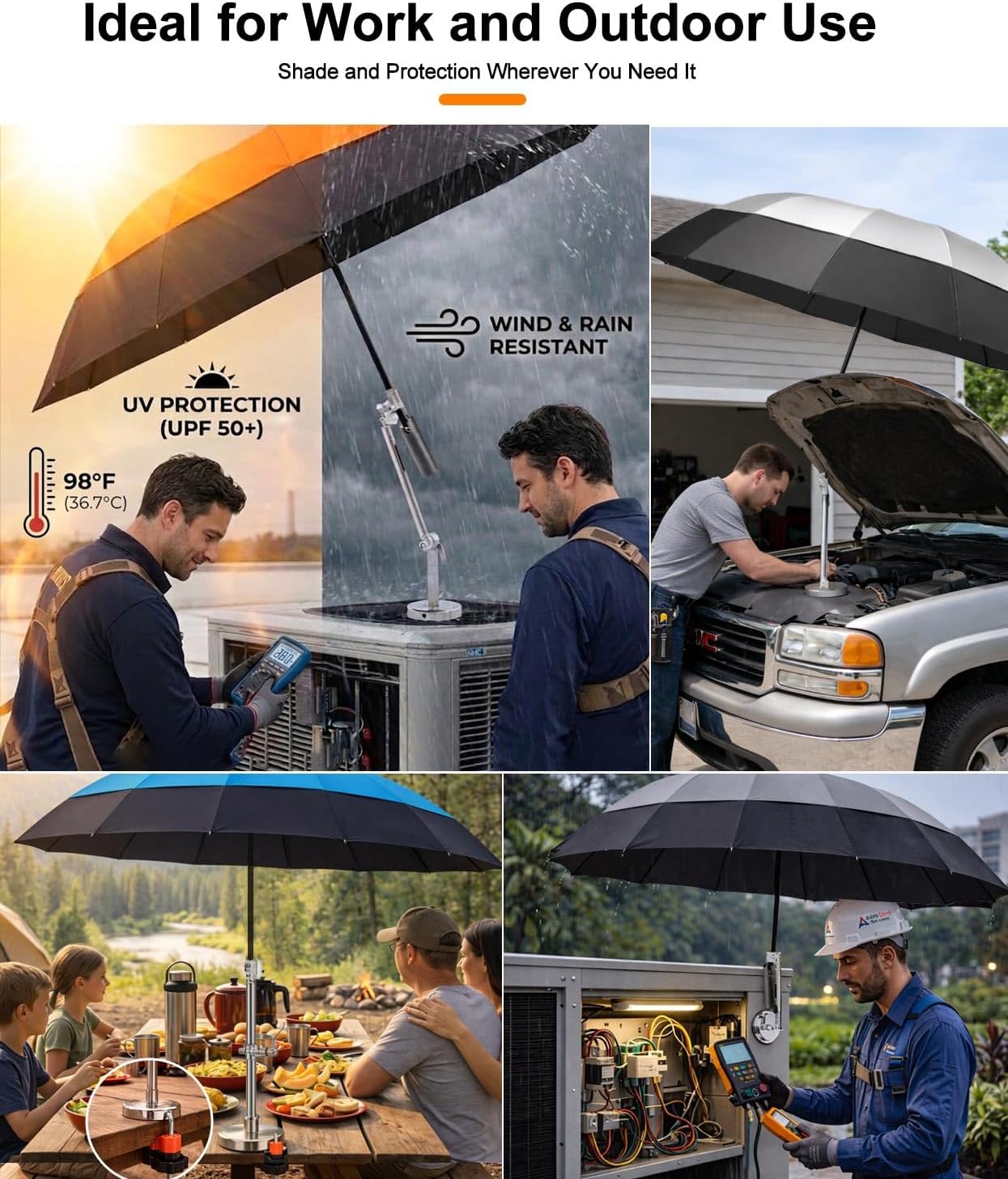 FLYKEY Magnetic Umbrella with Base for HVAC – Portable Sun & Rain Protection Folding Umbrella for Outdoor Work – Ideal for Roof Repairs, Vehicle Maintenance, Stay Cool & Dry