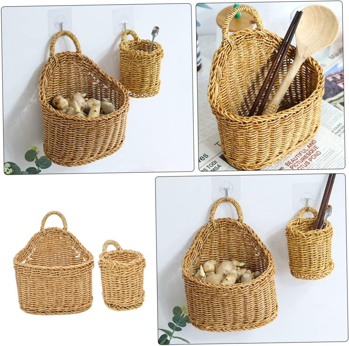 Luxshiny 4pcs Woven Storage Baskets Handle Wall-mounted Fruit and Vegetable Organizer for Kitchen Use Rustic Hanging Baskets for Snacks and Seasonings for Home Decor