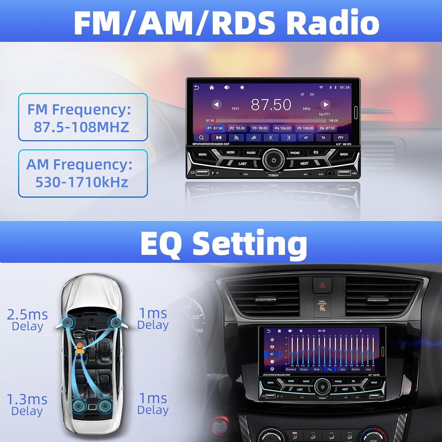 UNITOPSCI 7086W screen showing FM radio interface with frequency range and EQ setting options