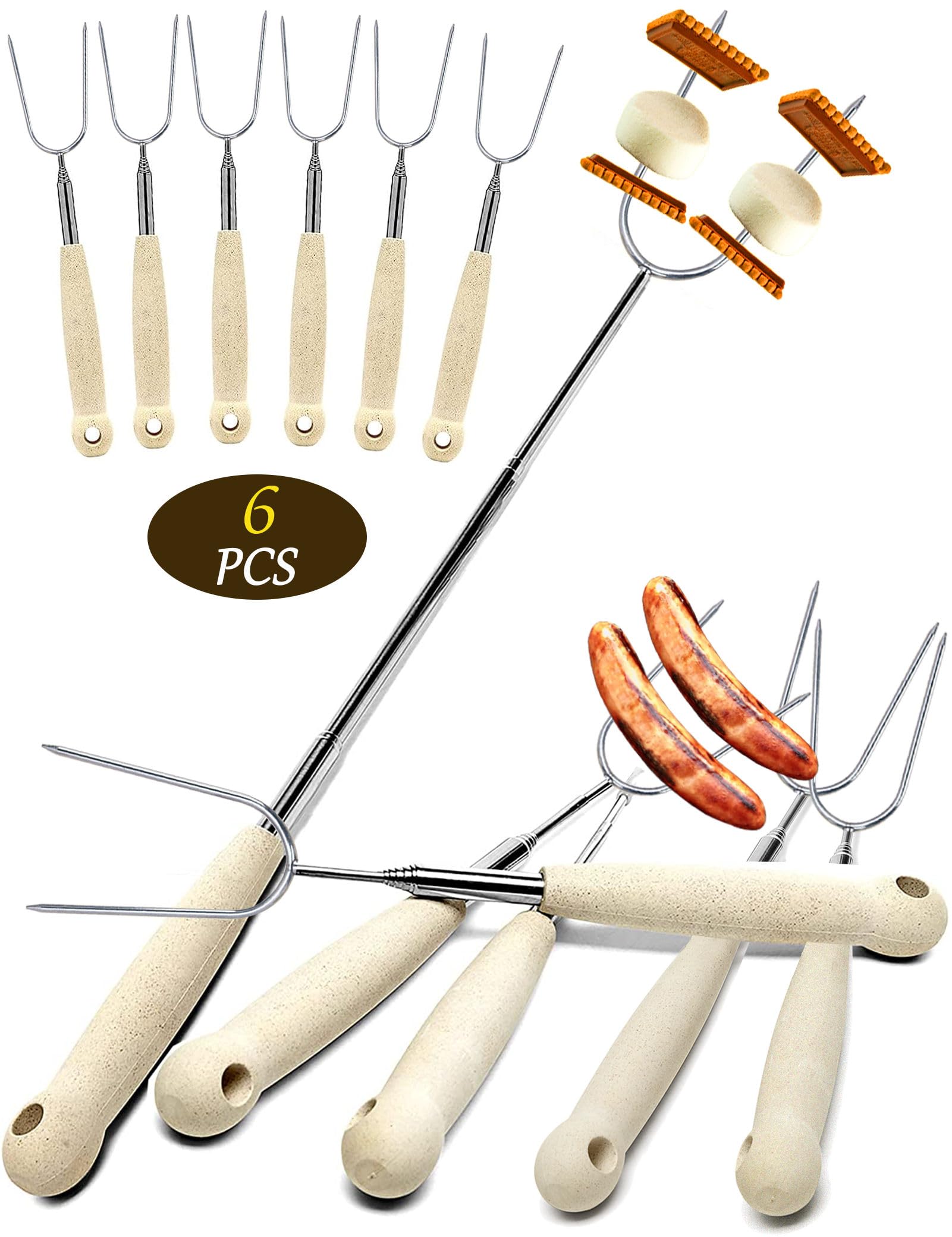 Atigrado Marshmallow Roasting Sticks, 32” Long Smores Sticks for Fire Pit, Heavy Duty Hot Dog Sticks for Campfire, Extendable Camping Skewers for