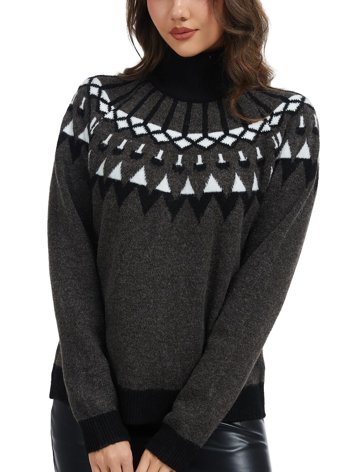 Womens Lightweight Vintage Fair Isle Sweater Long Sleeve Turtleneck Knitted Pullover Tops