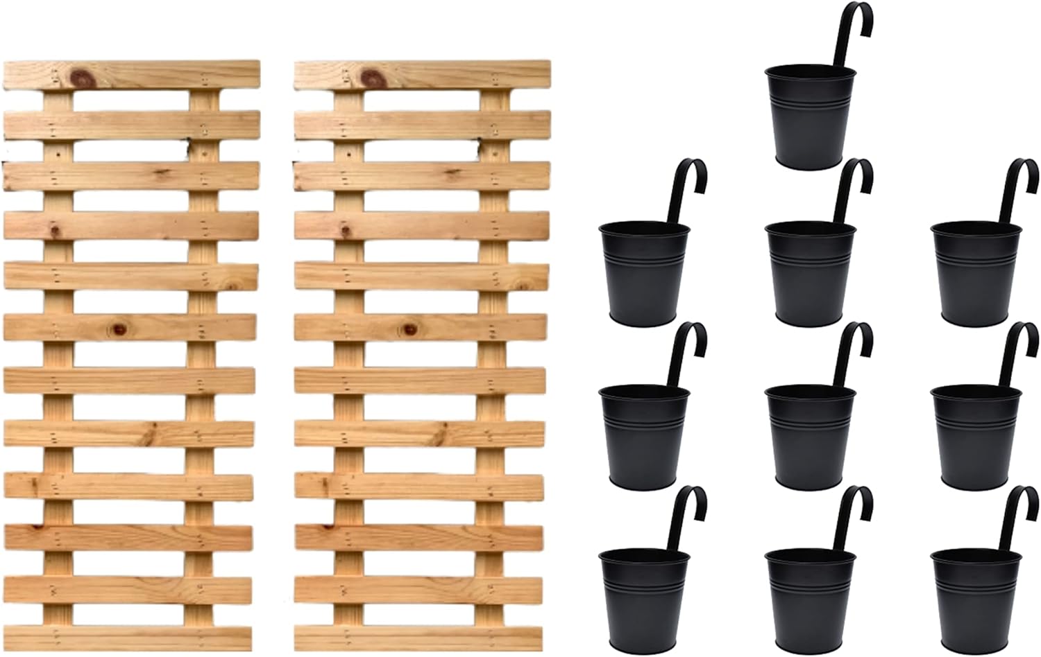 ShopLaLa Bundle - 4 Inch Black Metal Pots x 10 Pack + 2 Pack Wooden Planter Holders, Indoor Vertical Wall Garden, Living Plant Wall Herb Garden Vertical System, Wall Mount Hydroponic Wall Pots