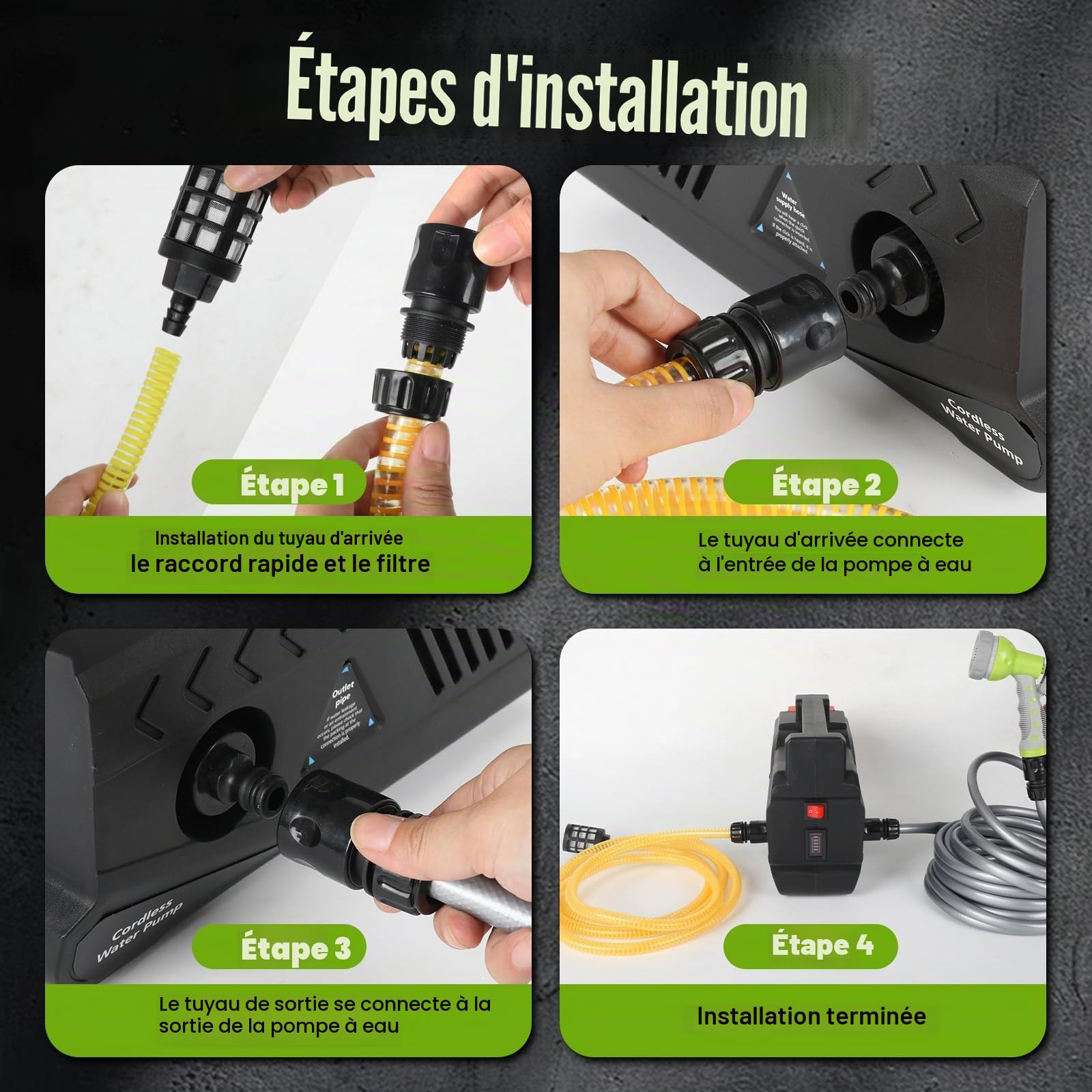 Roadtime Pompe à eau pour batterie Makita 18 V (sans batterie), pompe de jardin sans fil, pompe auto-amorçante portable, pompe d'arrosage 150 W avec tuyau de sortie d'eau de 10 m, tuyau d'entrée d'eau