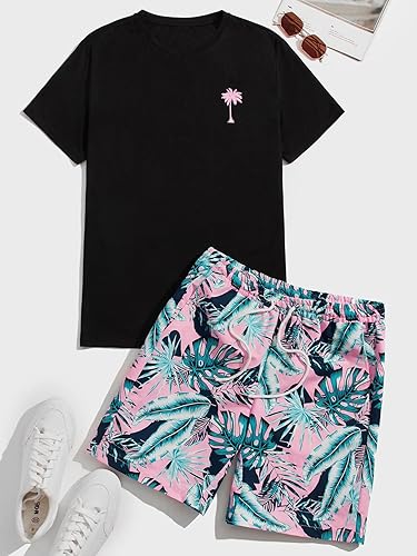 Miniatura 3 de GORGLITTER Conjunto de 2 piezas de camiseta gráfica de manga corta para hombre, estampado hawaiano con cordón y pantalones cortos