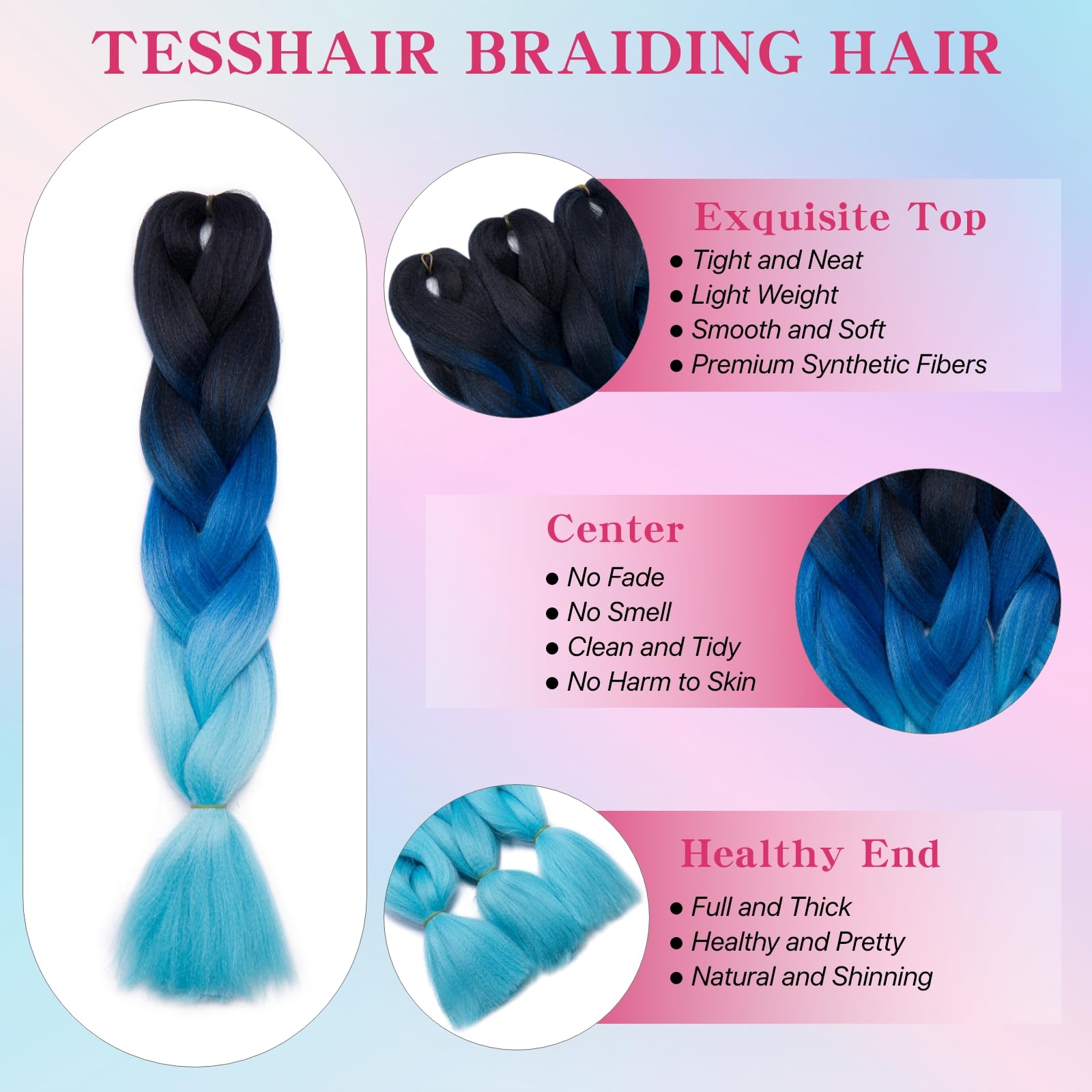 tesshair Braiding Hair Extensions 24 Inch Jumbo Braiding for Twist Braiding Synthetic Fashion Braids Extensions Hair Natural Braid Extensions for Women Grils (Black/Blue/Sky Blue - Image 4