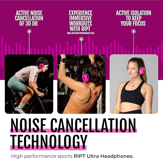 H2O Audio Betty x RIPT Ultra Over-Ear Sport Headphones - 100% Sweatproof Zwift Headphones - Premium Sound Active Noise Cancellation and Transparency Mode, 50-Hour Battery Life