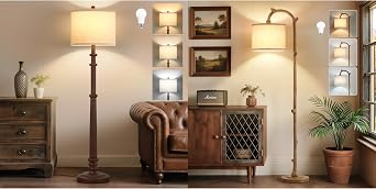 EJIAXIN Farmhouse Floor Lamp Set 60" Rustic Tree Design & 3-Way Dimmable Standing Lamp with Linen Shades for Living Room, Bedroom, Office Decor Reddish Brown +Brown