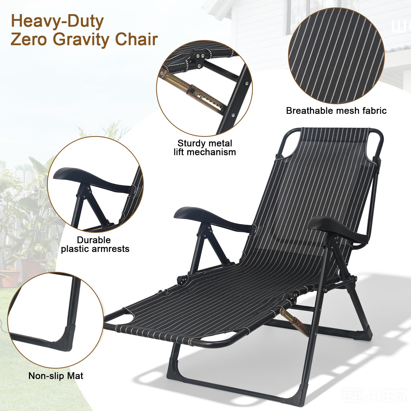 Tumbona plegable ligera, tumbona de jardín plegable con cojín reclinable de 7 posiciones, respaldo ajustable, tumbona de relax exterior con reposabrazos para patio, jardín, playa