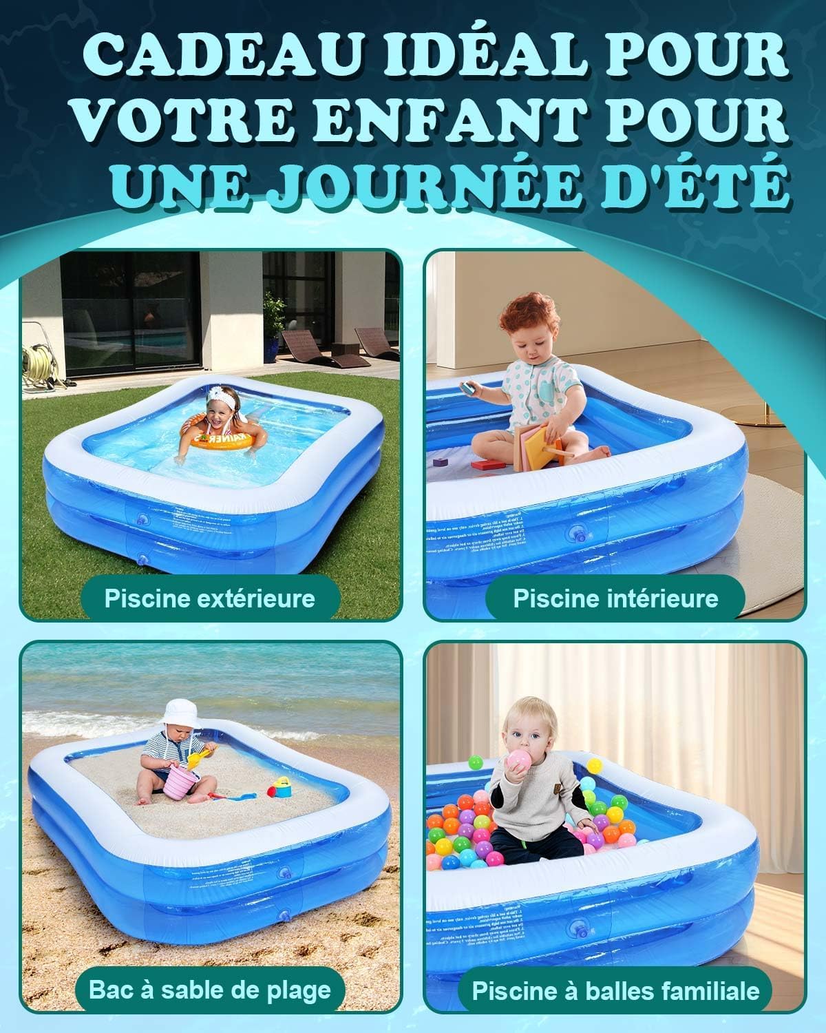 ZVD Piscine Gonflable Rectangulaire, PVC Épais Résistant, Double Couche Piscine Enfant Rectangulaire pour Enfants et Adultes, Grande Piscine Familiale pour Balcon ou Intérieur, Jardin (A)