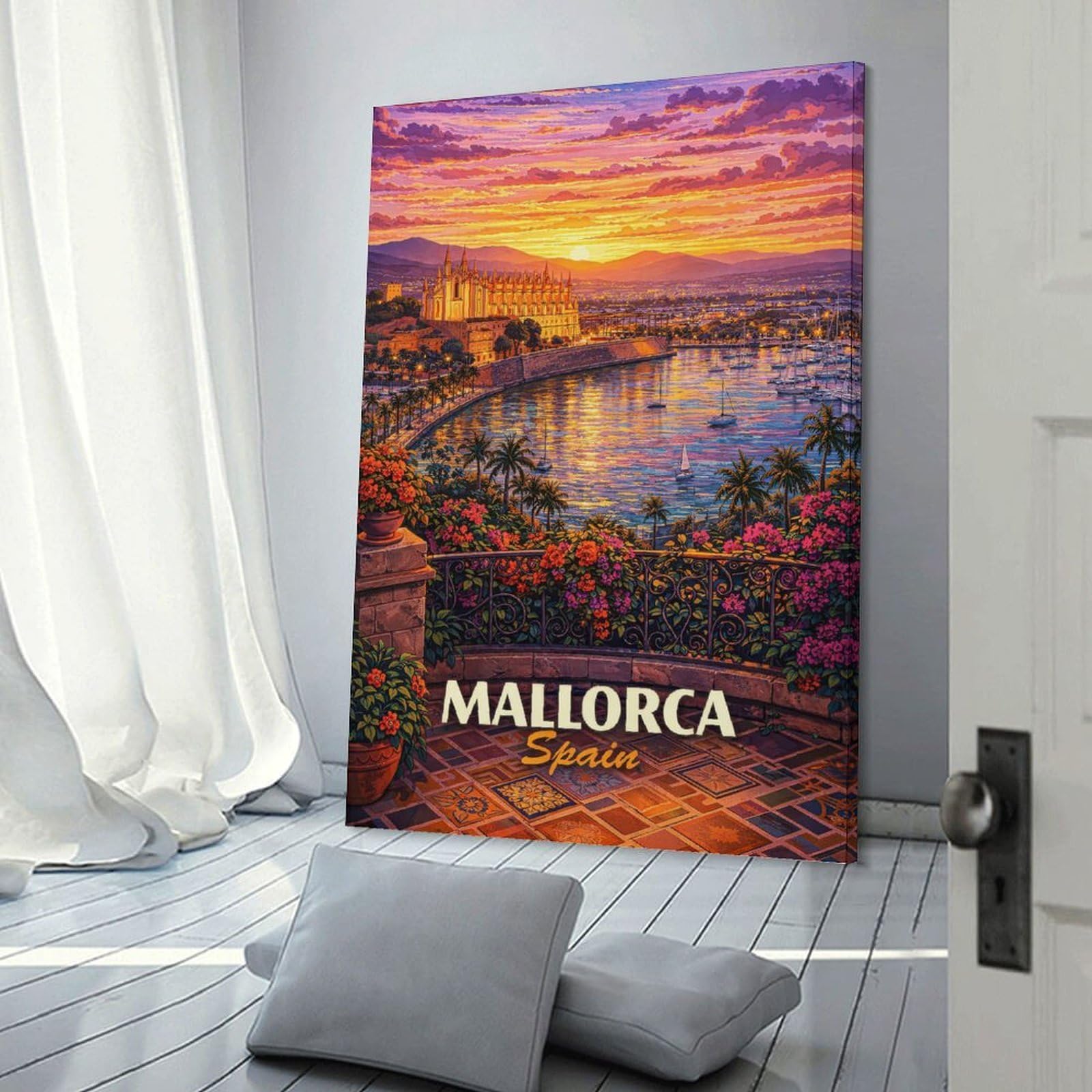 Junmoney Mallorca Spain Sunset Harbor Painting Wall Picture Print 24x36inch(60x90cm), for Home Walls, Creative Rooms Or Shared Spaces, Stylish Home Artwork for Focal Walls