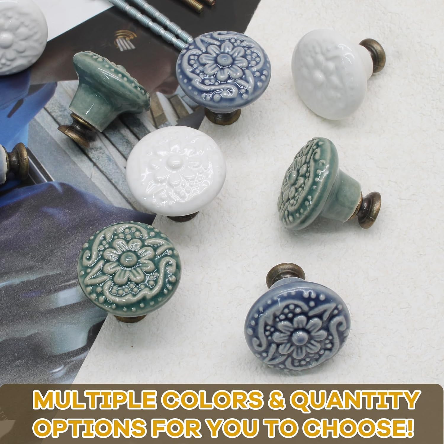 Murtenze 8PCS Greyish Blue Ceramic Knobs Vintage Handles, Decorative Kitchen Cabinet Knobs Pulls, Retro Ceramic Dresser Knobs for Furniture, Closet, Cupboard, Door Knobs
