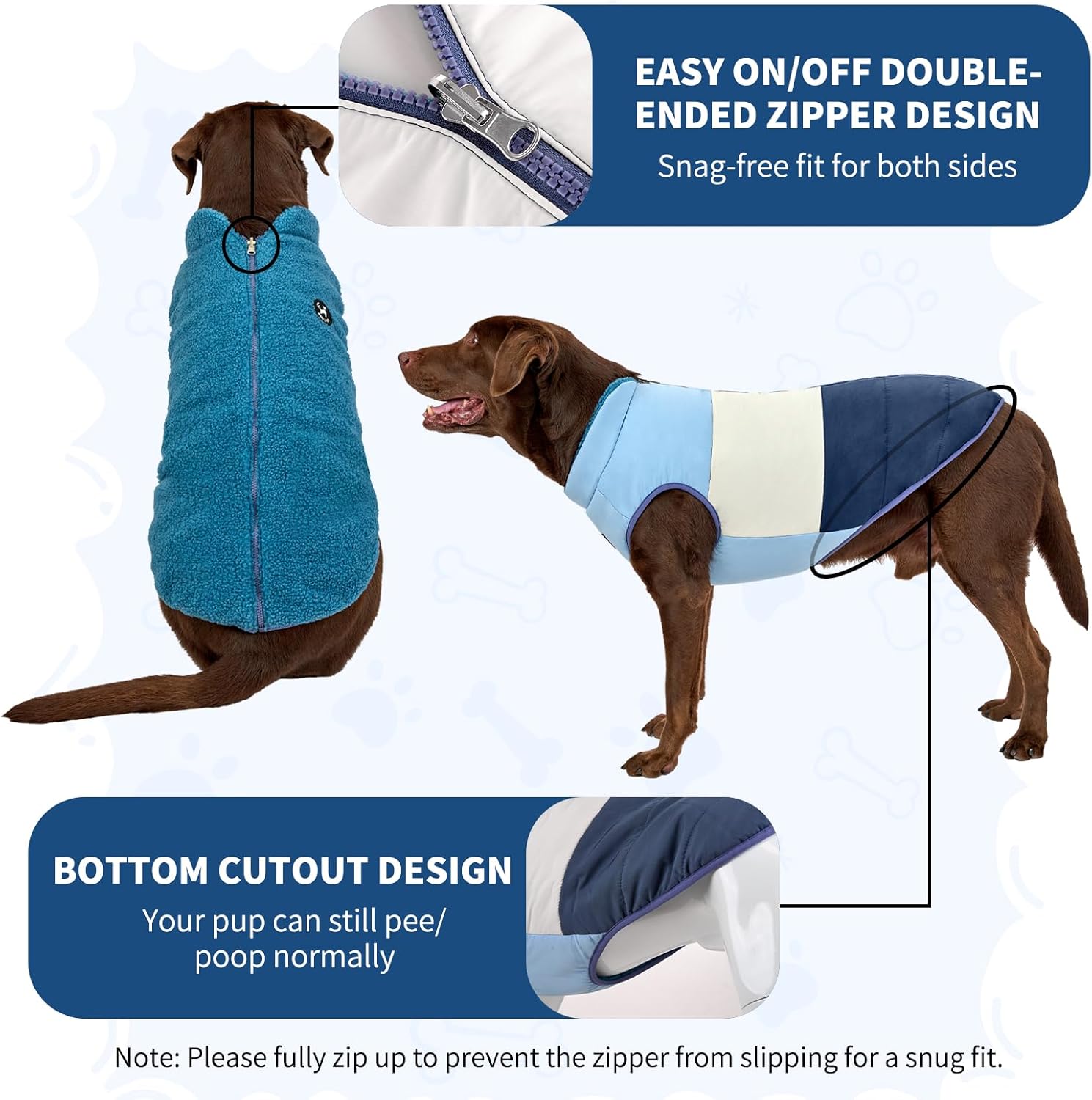 Arblina Reversible Dog Winter Coat, Waterproof Warm Fleece Sweater Windproof Lightweight Pet Snow Jacket for Medium Large Dogs with Double Ended Zipper, Cold Weather Dog Coat,Blue,XXL