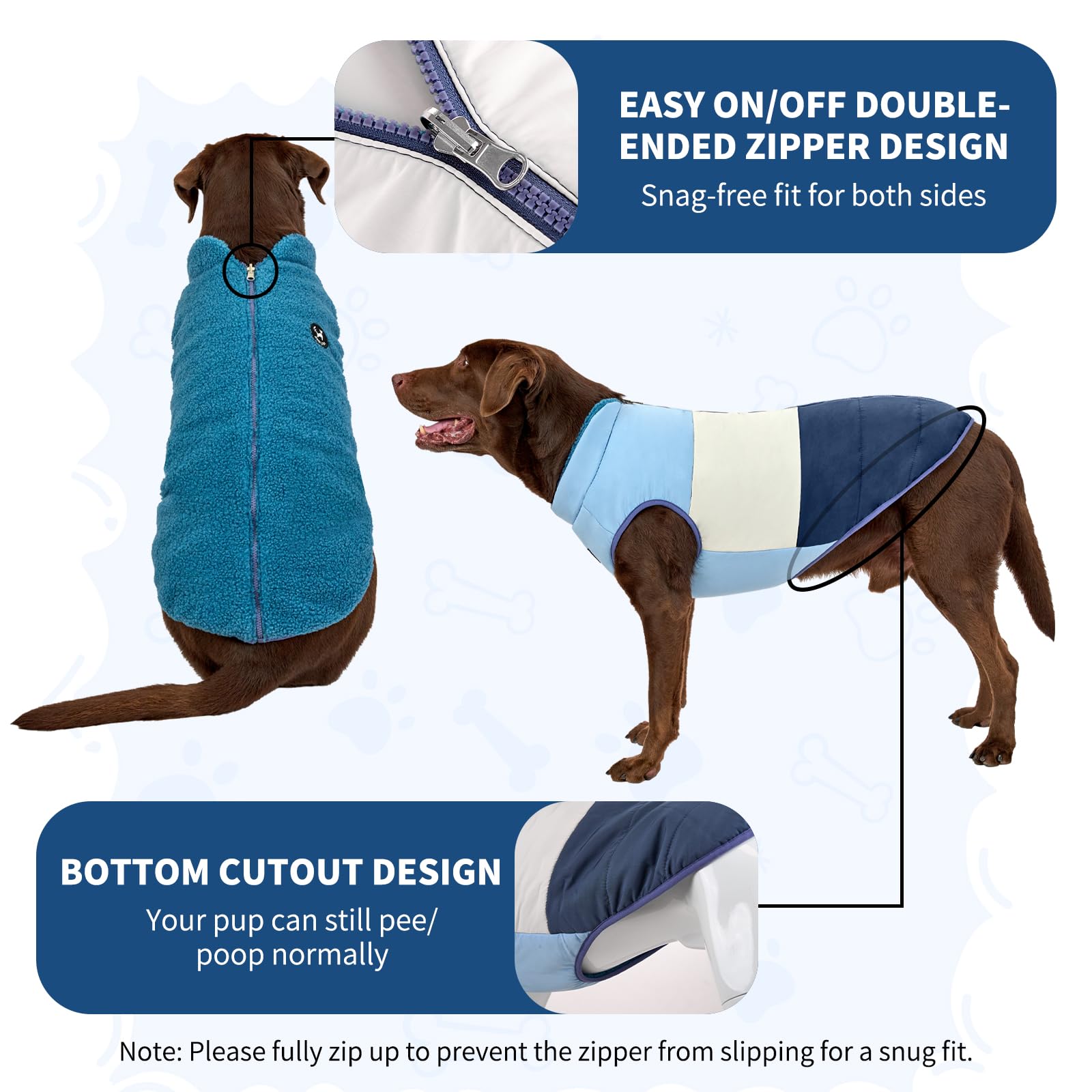 Arblina Abrigo Perros, Chaqueta Perros Reversible e Impermeable, Abrigo para Perros Mediano y Grande con Fleece Cálido, Chaleco Perros con Cremallera de Uso Sencillo, Azul, XXL