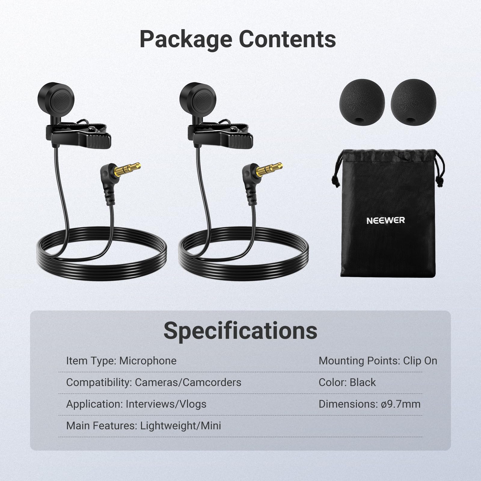 NEEWER Micrófono Lavalier de 9,7 mm de diámetro (Paquete de 2), micrófono de Condensador omnidireccional TRS de 3,5 mm con Cable de 1,5 m y Parabrisas para grabación de Video, vlogging, filmación