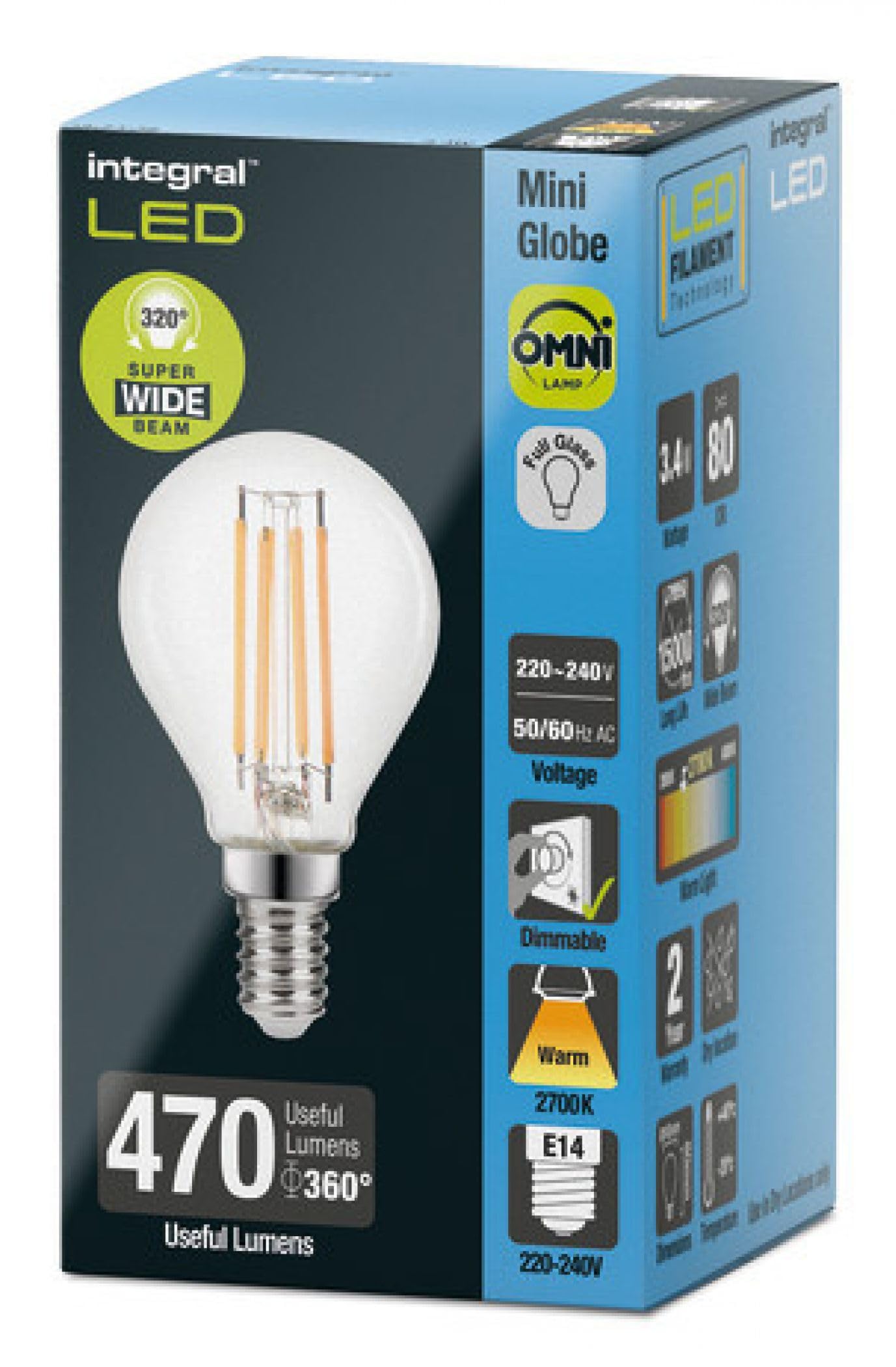 Integral ILGOLFE14D060 3.4w Filament LED Golf Ball, Dimmable, 2700K, E14, 470lm =40w, Clear - Image 2