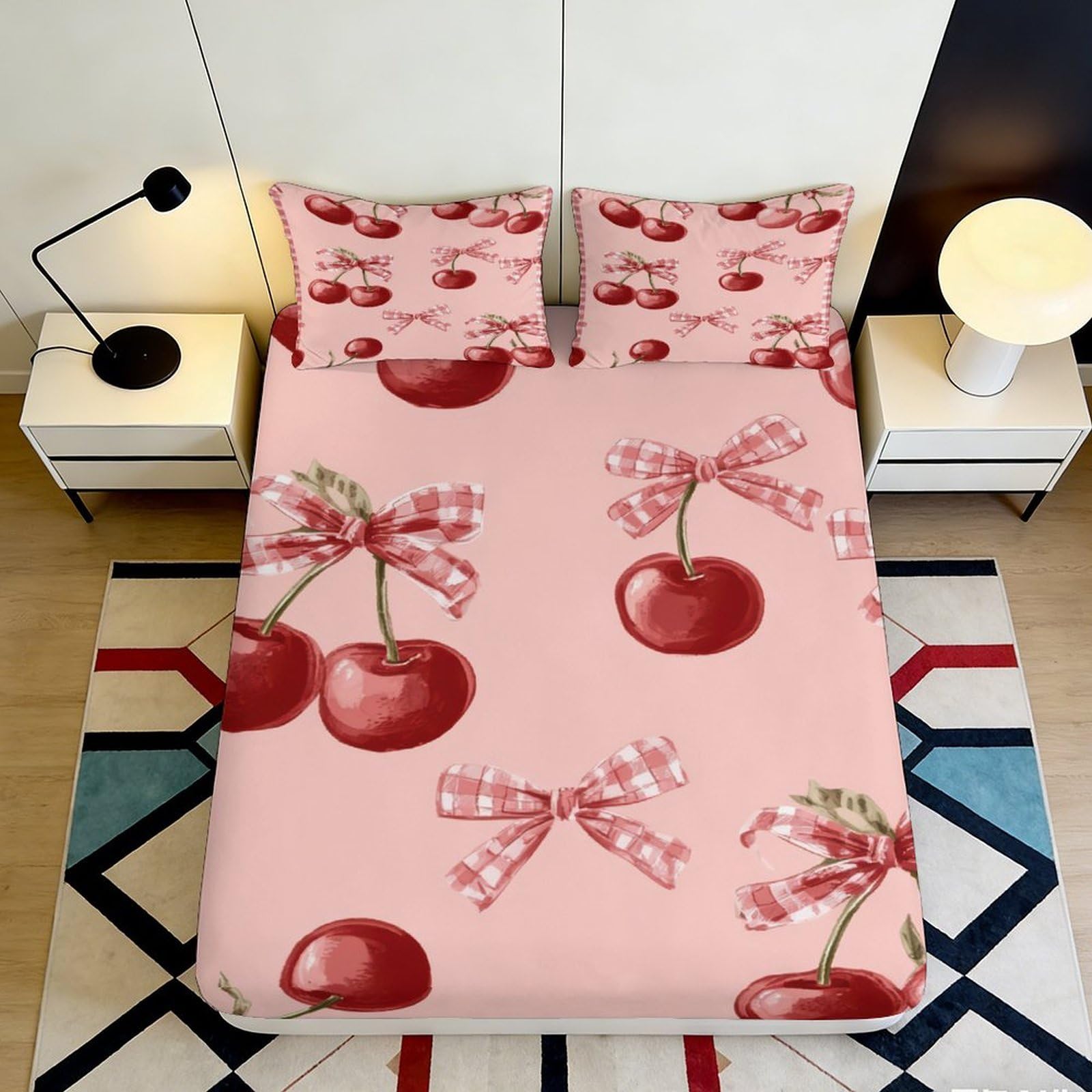 3D Printed Cherry Bow Fitted Sheet Microfiber Deep Pocket Non-Slip Cherry Mattress Fitted Cover Home Bedding 90x200x25cm