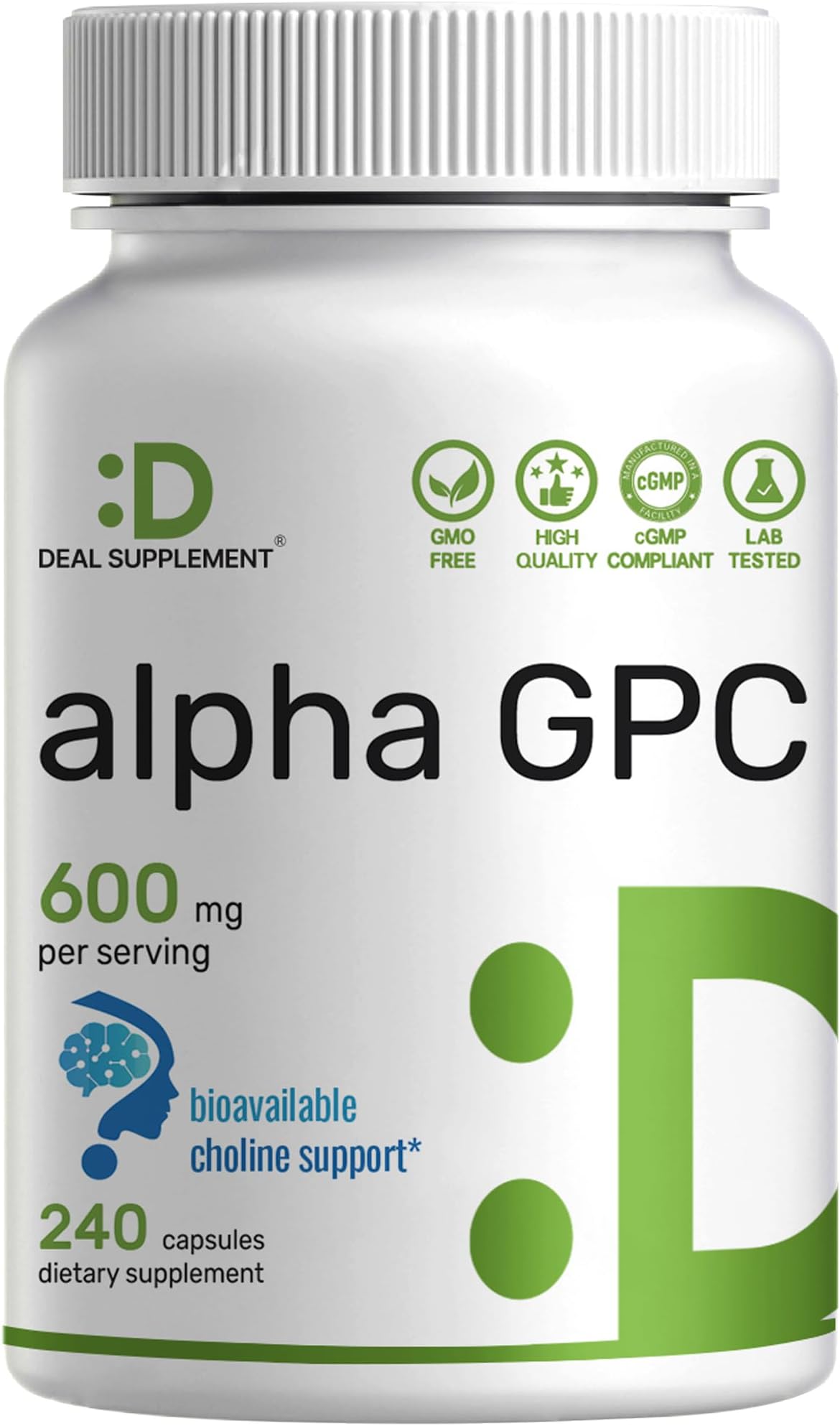 Alpha GPC 600mg Per Serving, 240 Capsules – Bioavailable Choline Replenishment –Nootropic Brain Health Supplements for Memory and Focus – Non-GMO, Gluten Free