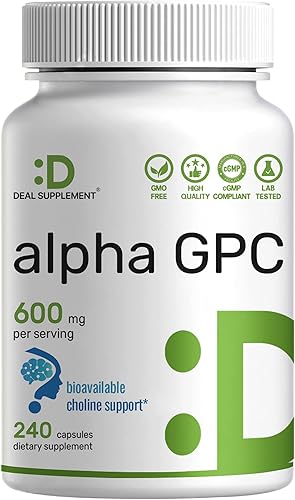Alpha GPC 600 mg por porción, 240 cápsulas – Reposición de colina biodisponible – Suplementos nootrópicos para la salud cerebral, memoria y