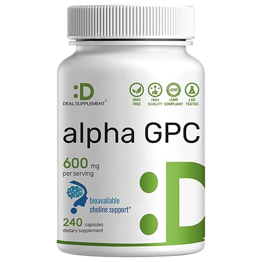 Alpha GPC 600mg Per Serving, 240 Capsules – Bioavailable Choline Replenishment –Nootropic Brain Health Supplements for Memory and Focus – Non-GMO, Gluten Free
