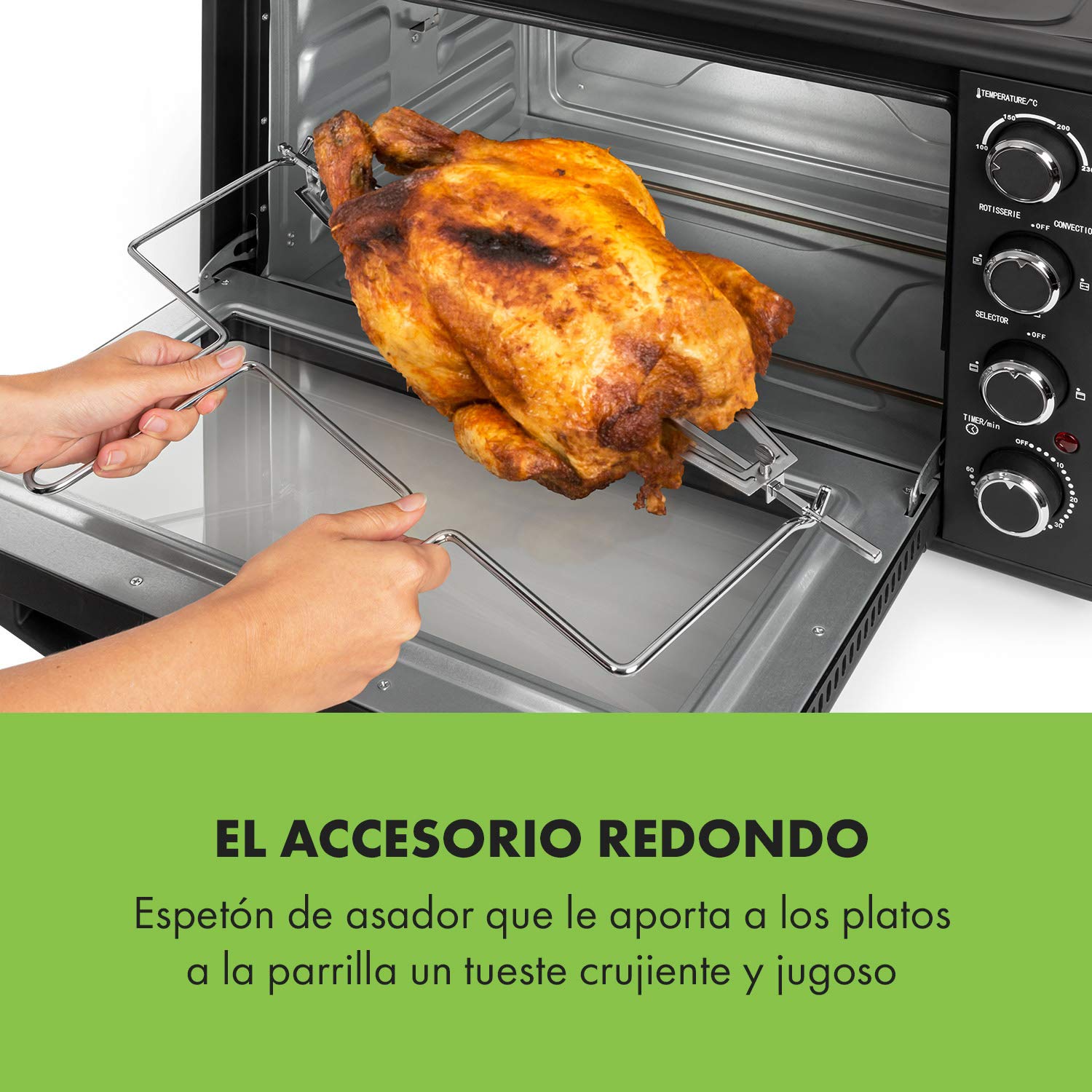 KLARSTEIN Masterchef 60 Mini Horno Electrico de sobremesa 60L, 2000W, 100-230°C, asador giratorio, función de circulación de aire, temporizador, puerta doble cristal, acero inoxidable, Negro