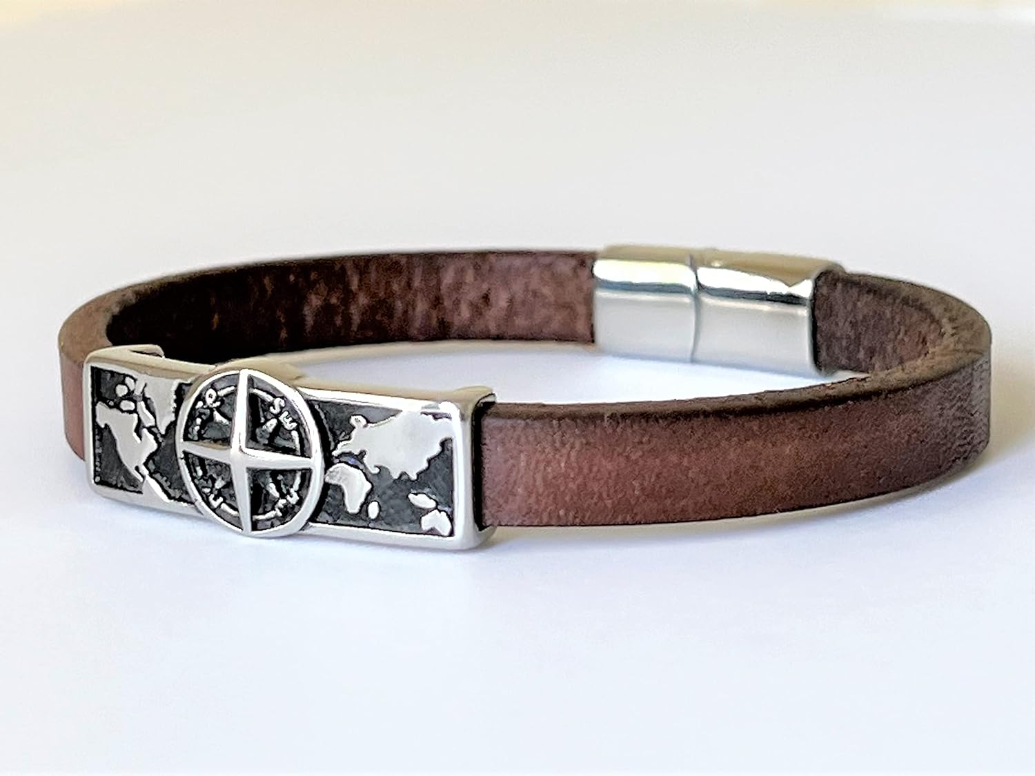 Men’s Compass Bracelet – Genuine Leather and Stainless Steel Bracelet with Secure Magnetic Clasp, Adventure and Travel Symbol Gift for Him or Her, Anniversary or Graduation Gift