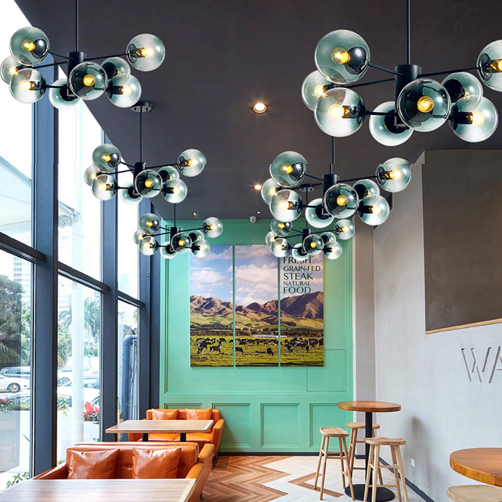 Lámpara Moderna Negra Ajustable, Magic Bean para restaurante, cafetería, pantalla de vidrio Artificial E27, pantalla Azul de 16 Luces.