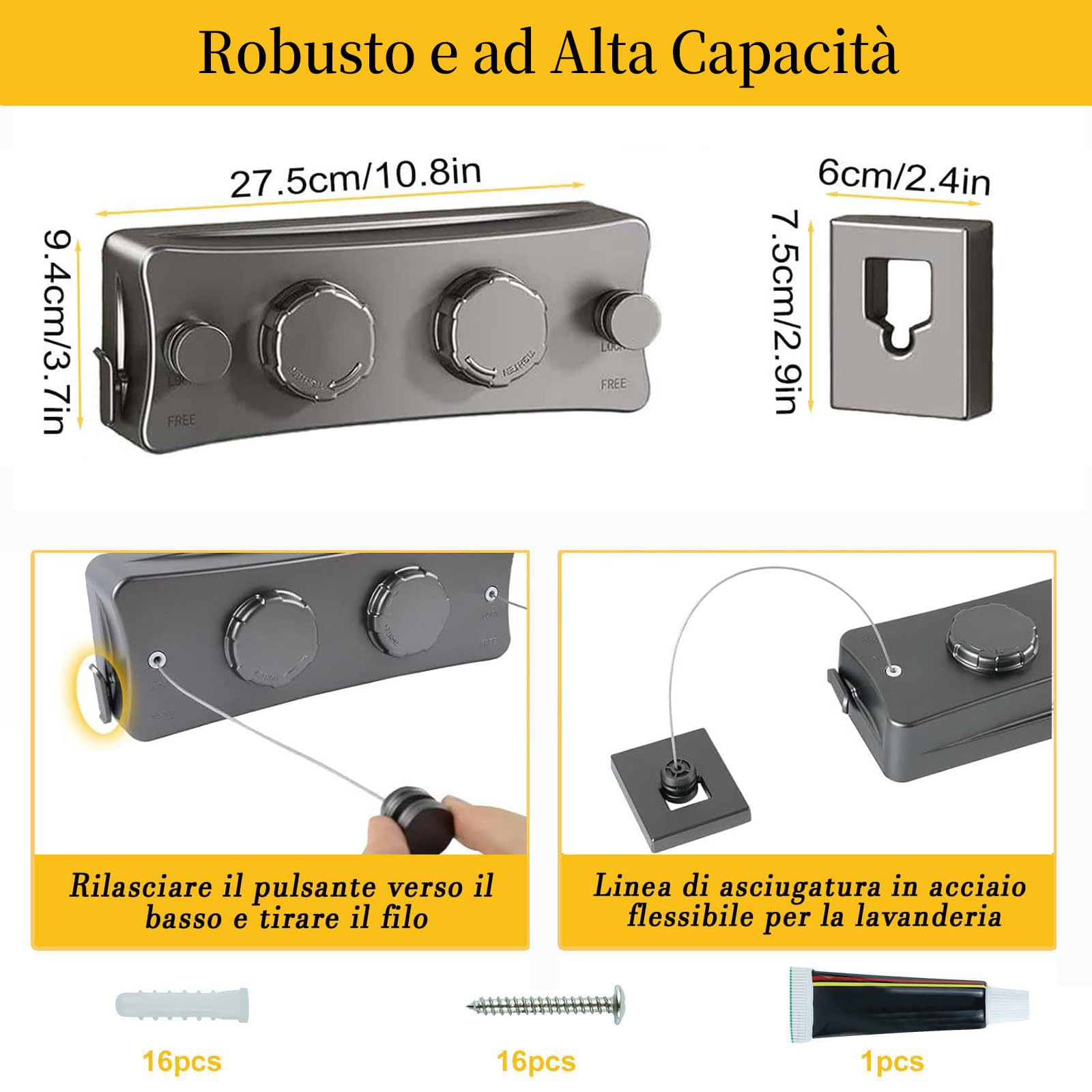 Domigard Corda per biancheria retrattile,stendibiancheria interna a parete doppia linea invisibile filo di lino estensibile in acciaio inossidabile,corda da biancheria regolabile2*5,1m (Grigiastro)