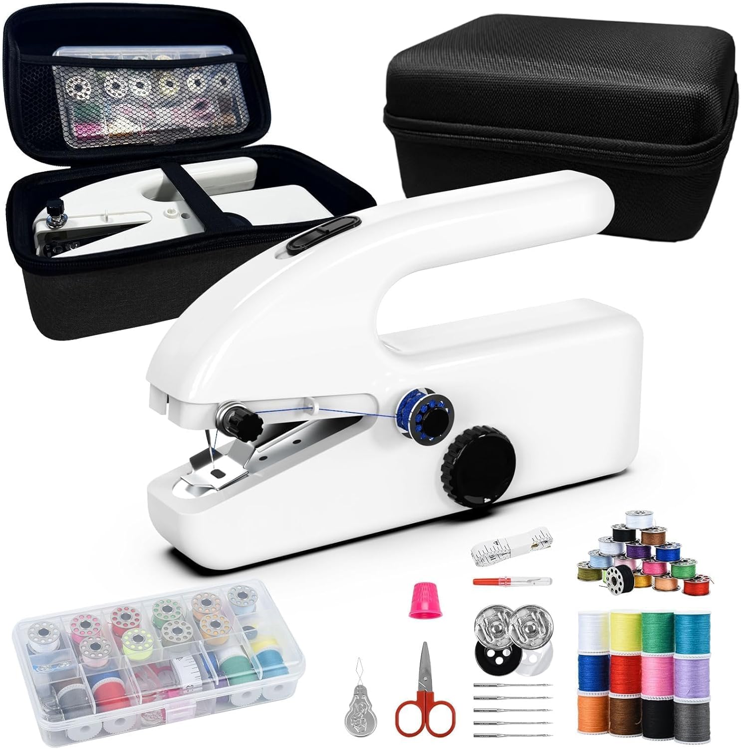 Unique sewing experience: Handheld sewing machine with storage box, portable package,mini sewing machine for travel, including various accessories and tools,three