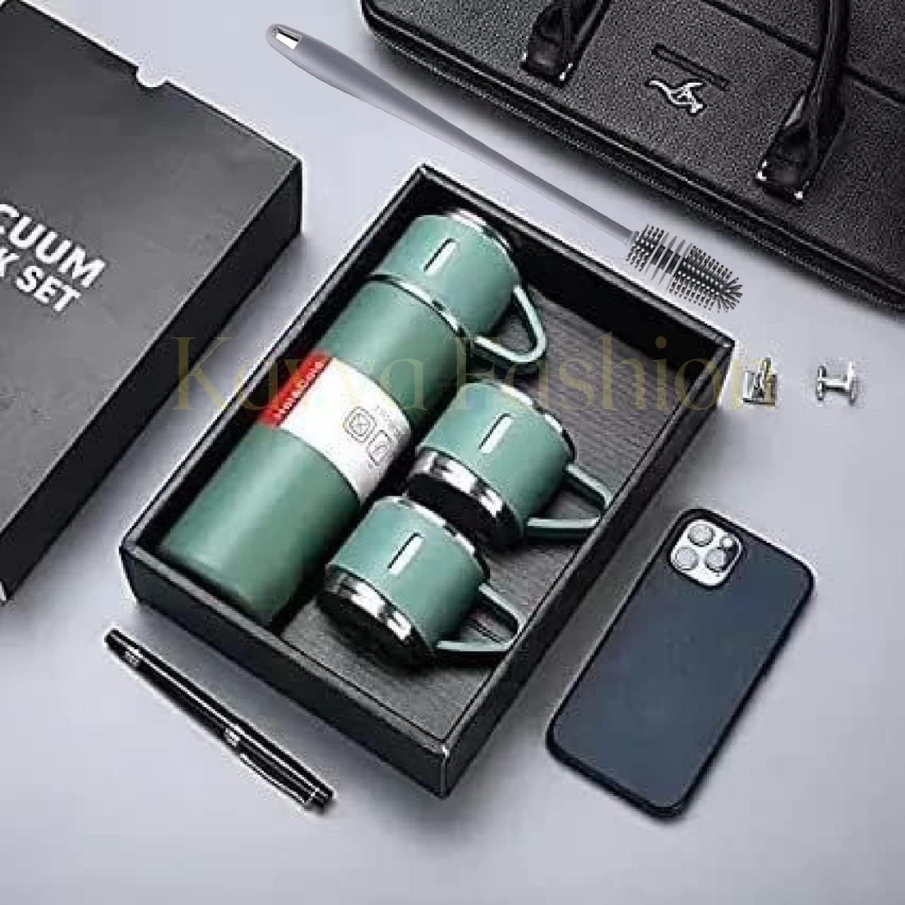 Kavya FashionDouble Wall Stainless Steel Thermo 500ml Vacuum Insulated Bottle Water Flask Gift Set with Two Cups Hot & Cold | Assorted Color | Diwali Gifts for Employees | Corporate Gift Items